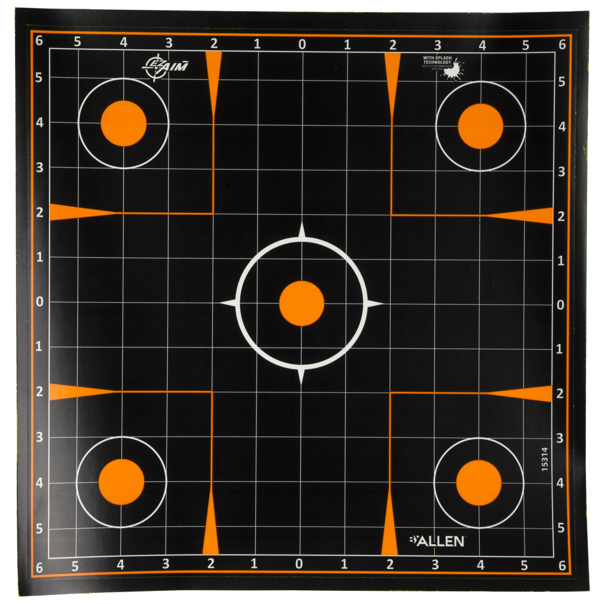 Allen EZ Aim Splash sight-in grid target with black background and orange aiming circles