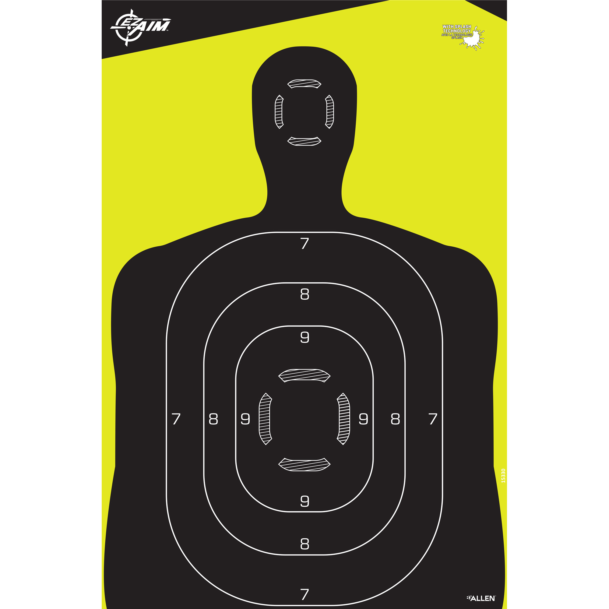 Allen EZ Aim black and yellow silhouette target with scoring rings and head and torso zones