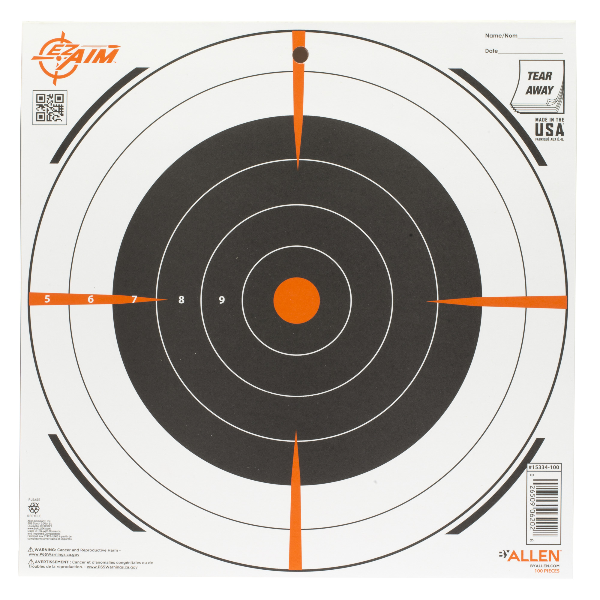Allen EZ AIM 12x12 adhesive bullseye target sheet, black and white with orange accents
