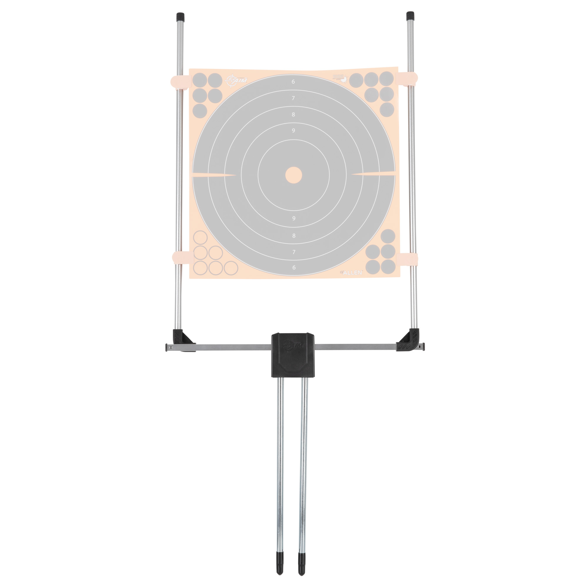 Allen hub stake adjustable target stand with a paper target clipped to its black and metal frame
