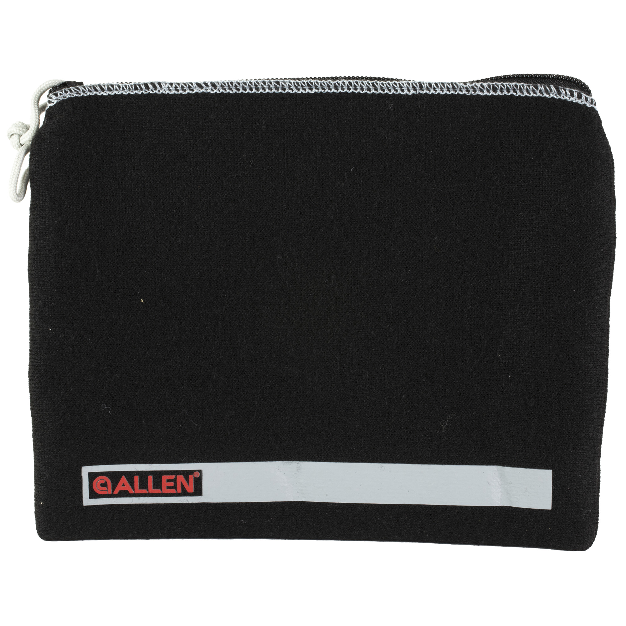 Black Allen fleece pistol pouch with gray label strip and zipper pull cord, front view