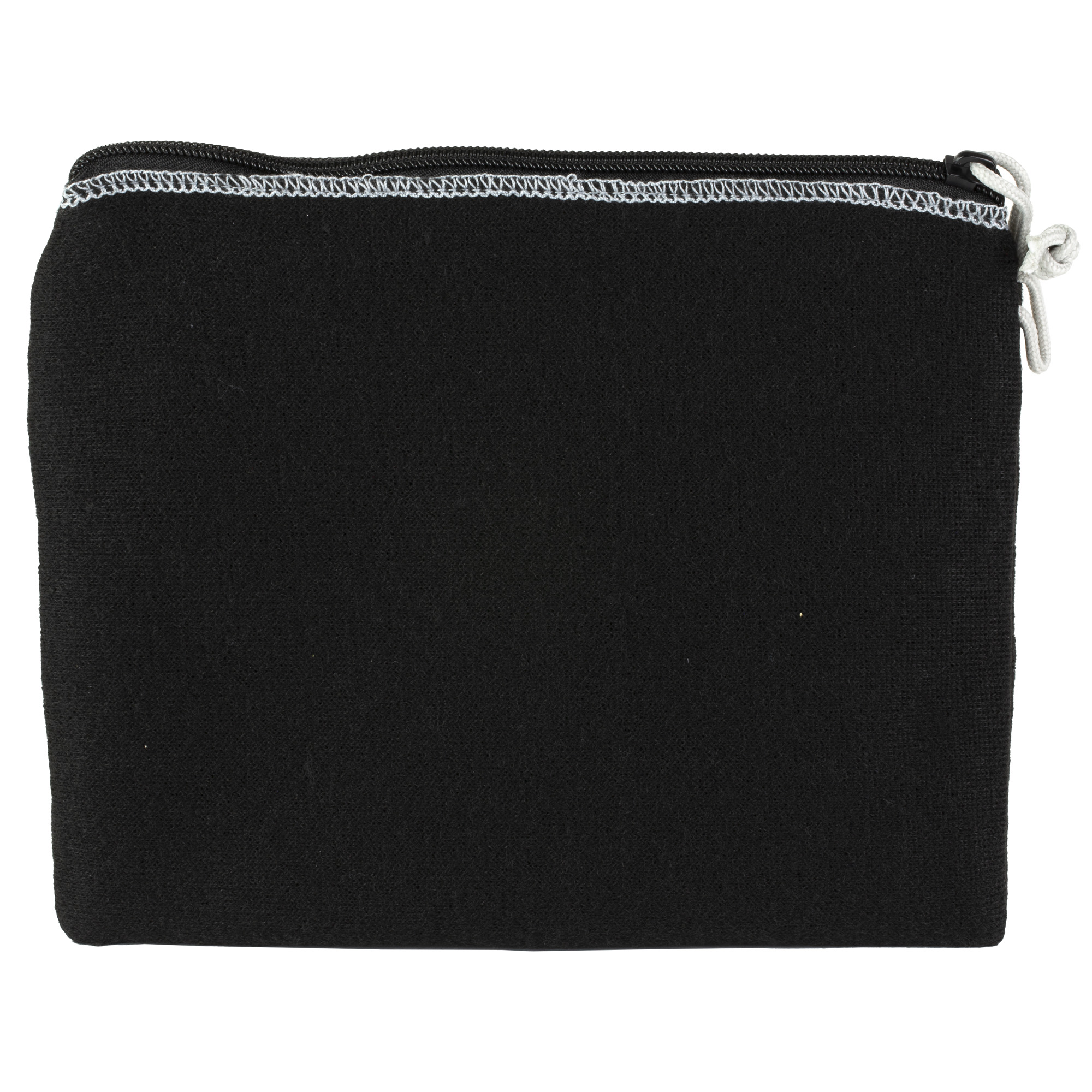 Back view of black fleece Allen pistol pouch with zipper and white cord pull