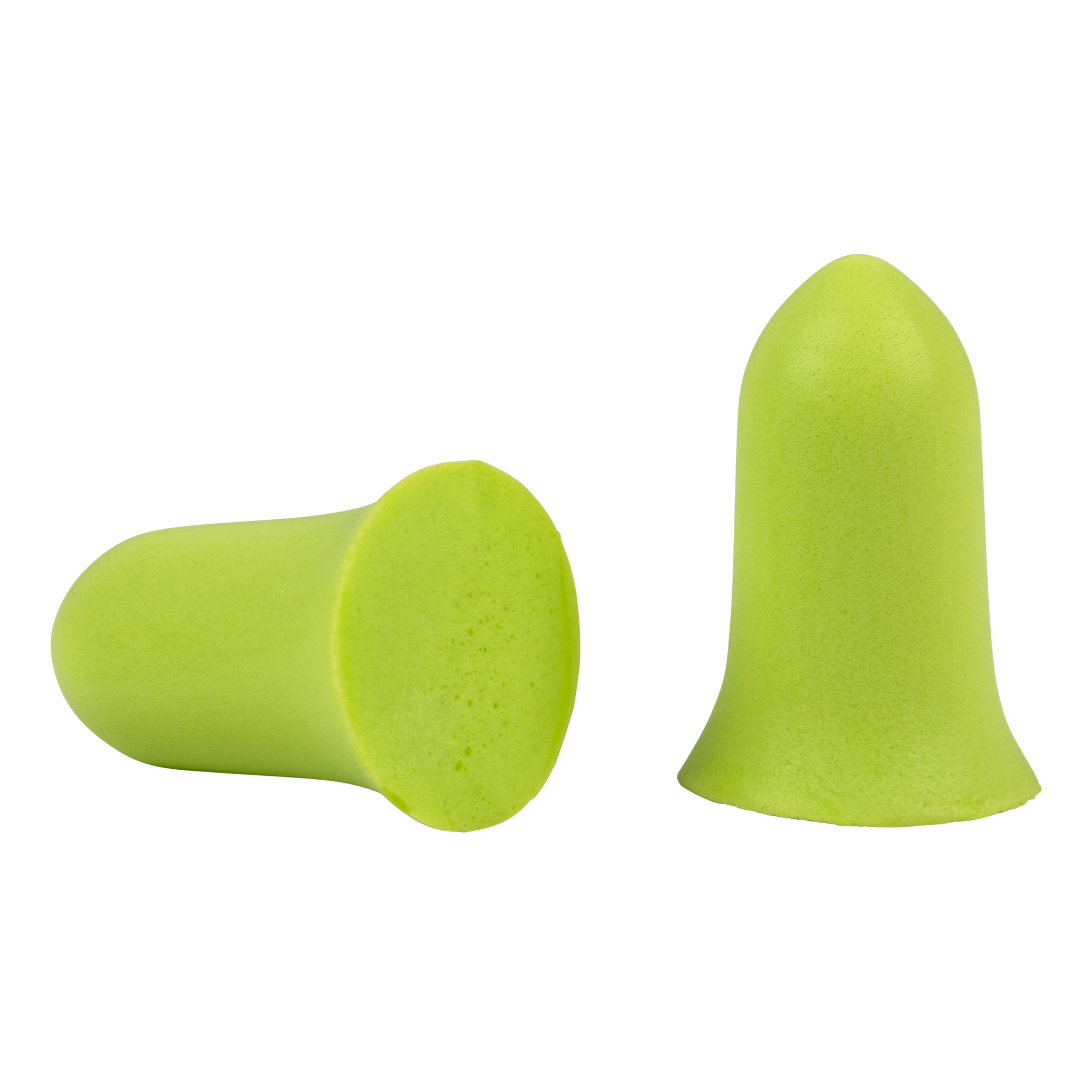 Two lime green tapered foam ear plugs on a white background