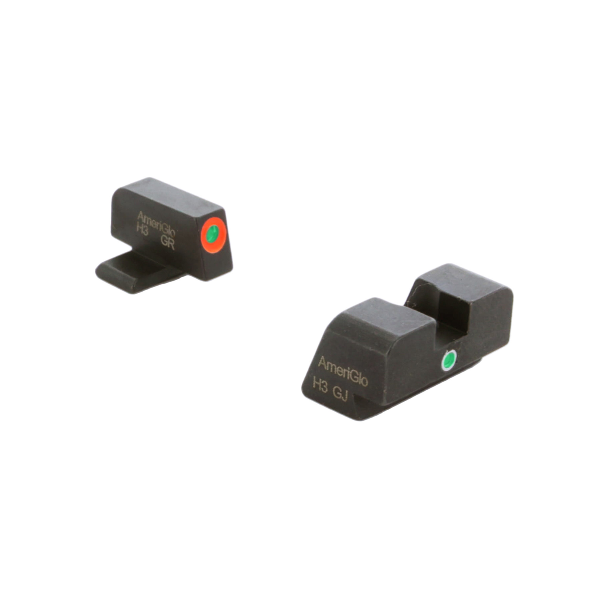 AmeriGlo I-Dot night sight set showing AmeriGlo H3 markings on front and rear sights