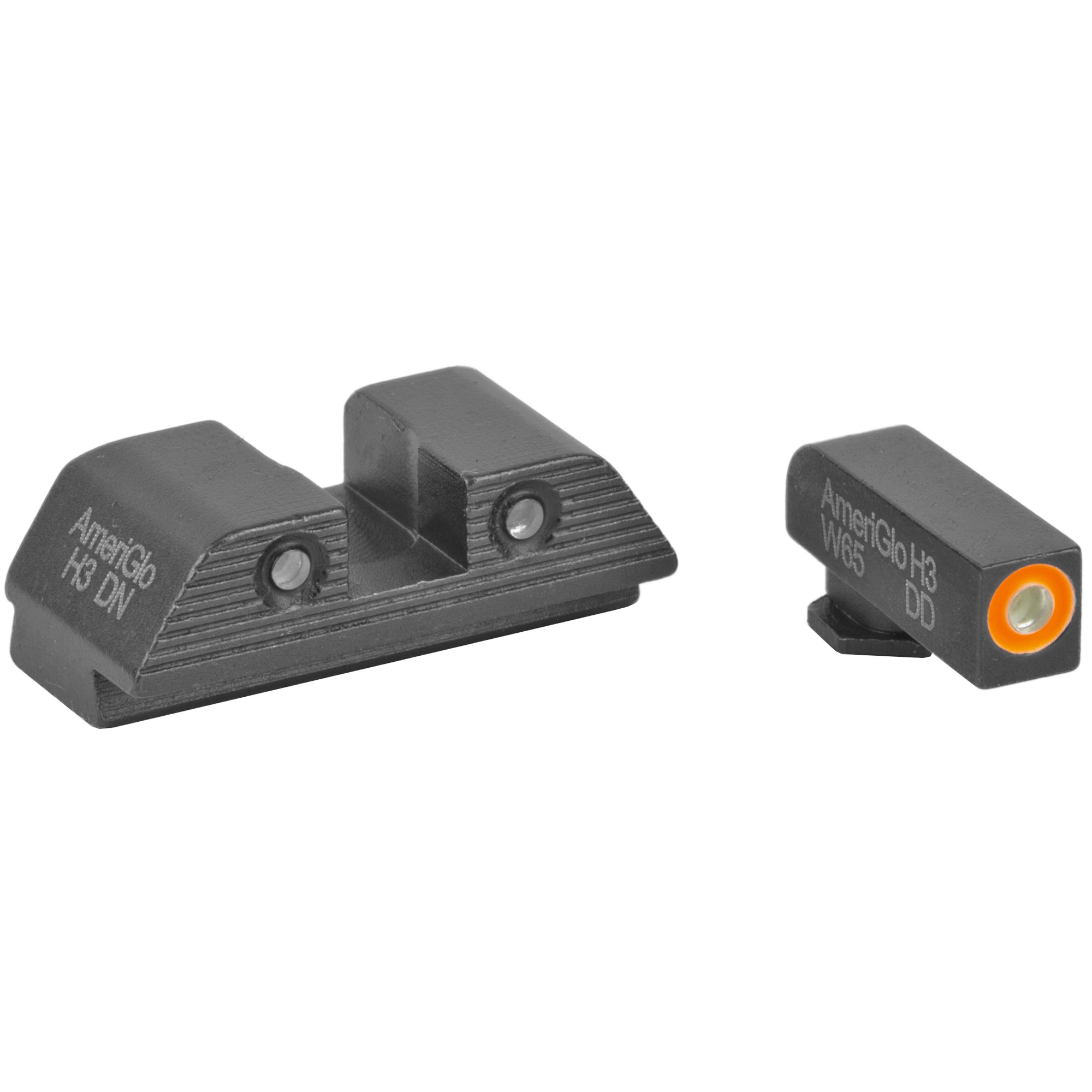 AmeriGlo Trooper night sights with AmeriGlo H3 markings on the rear and front