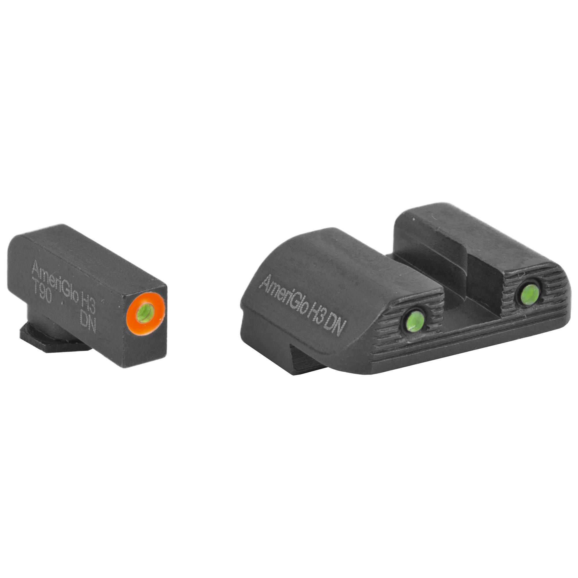 AmeriGlo H3 Trooper sight set with green tritium dots and orange outline front, showing markings
