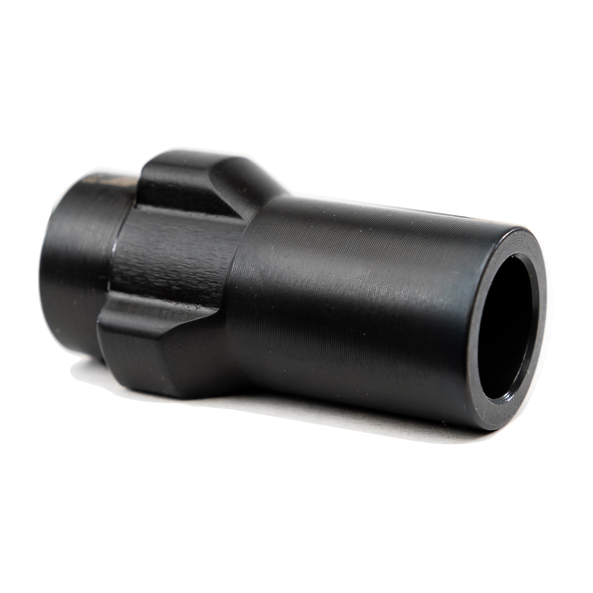 Black Angstadt Arms 3-Lug muzzle adapter with three lugs and a threaded bore
