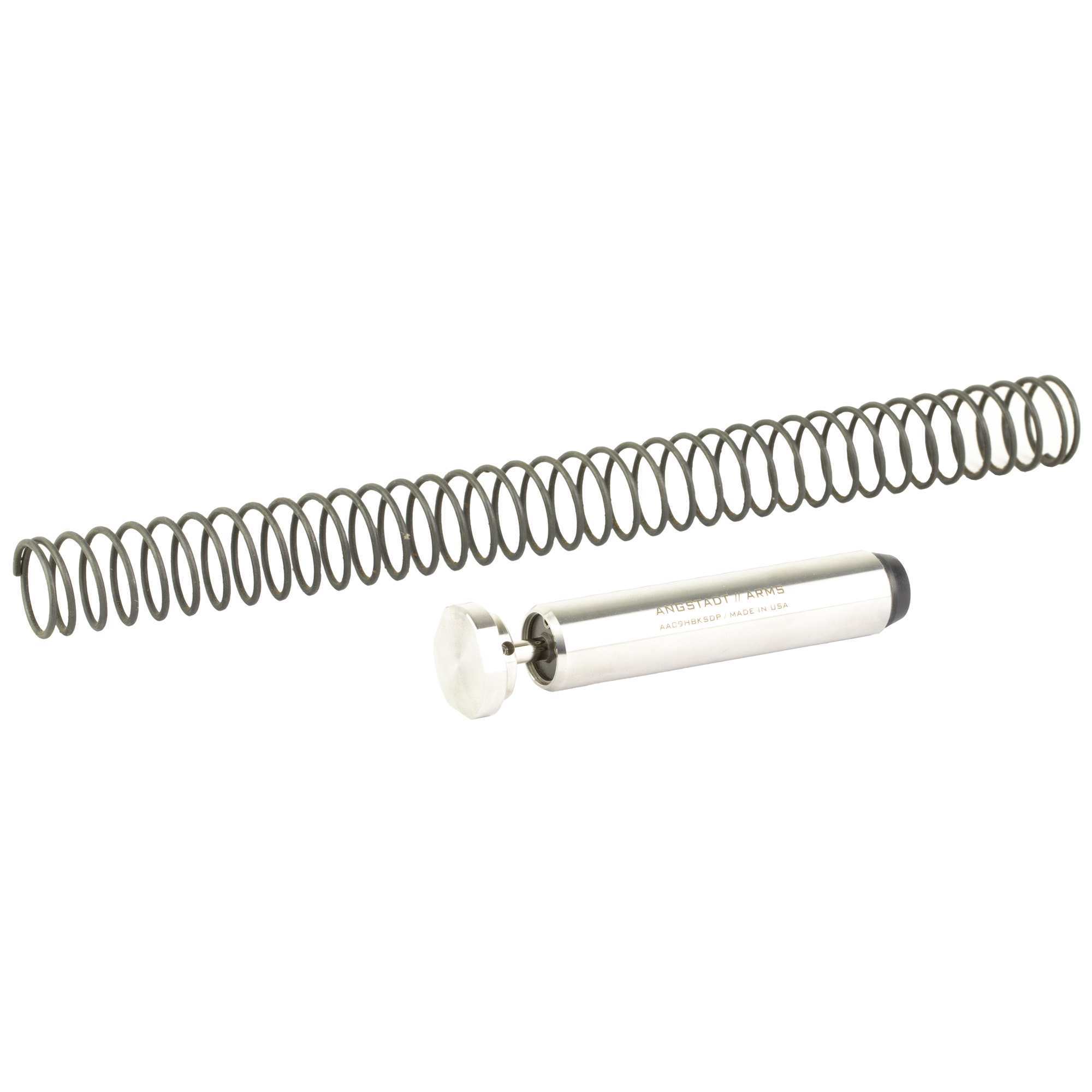 Angstadt Arms stainless hydraulic buffer kit with spring laid out beside the buffer tube
