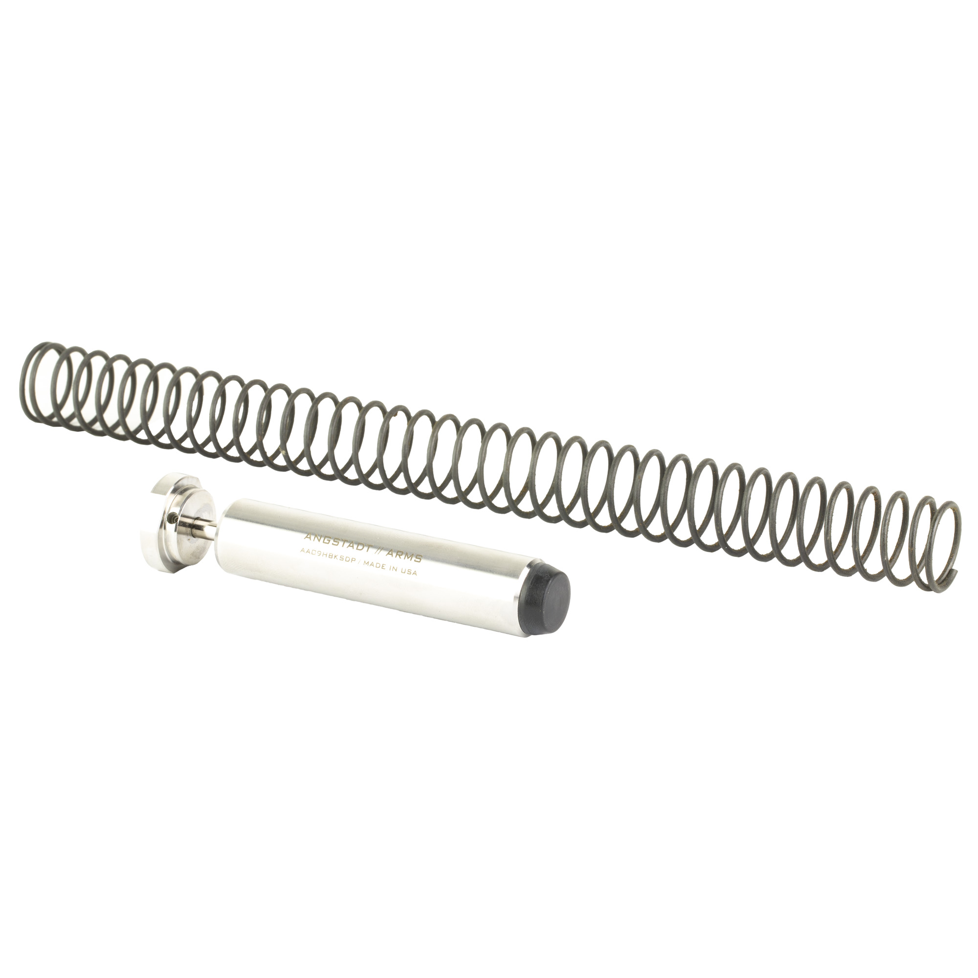 Angstadt Arms stainless hydraulic buffer kit with spring laid out beside the buffer tube