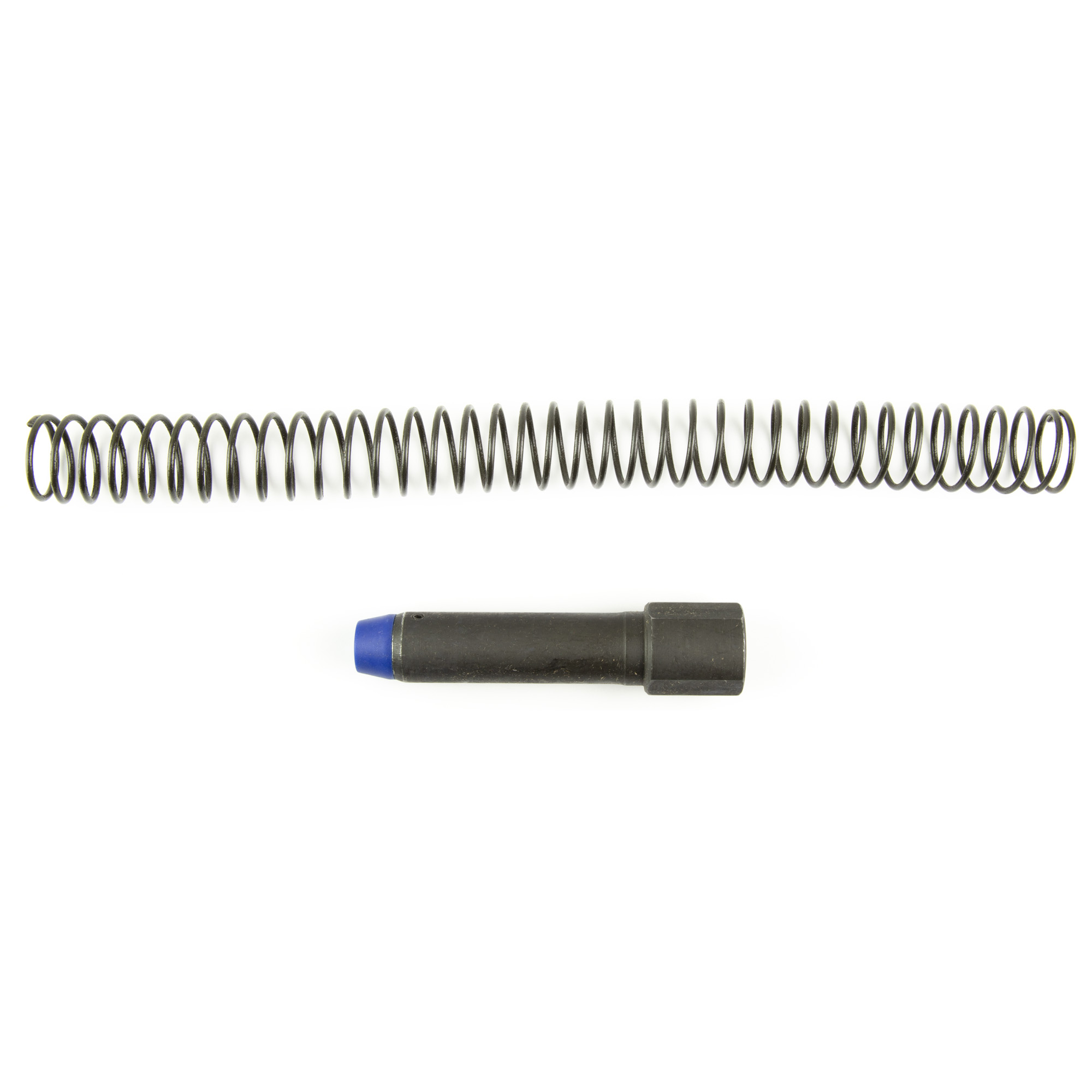 Angstadt Arms buffer kit with coiled spring and black buffer with blue tip on white background