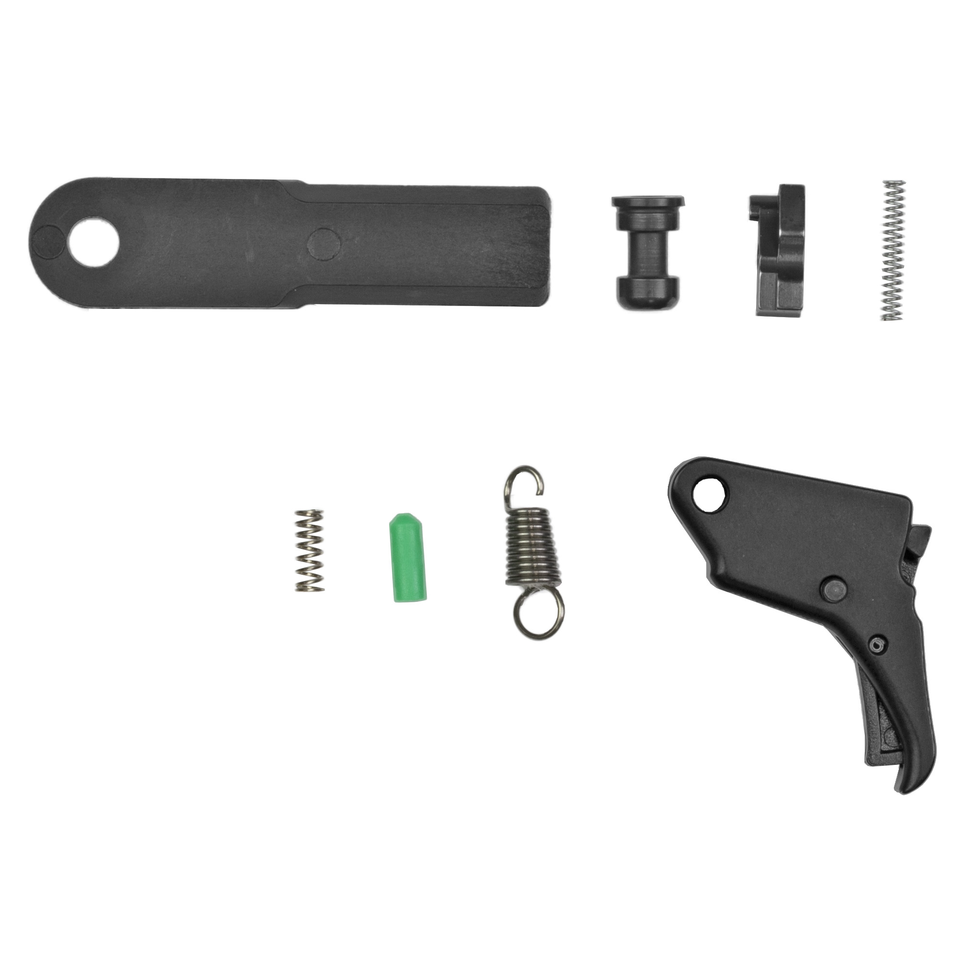 Apex Shield 2.0 action enhancement trigger and duty carry kit parts laid out on white background