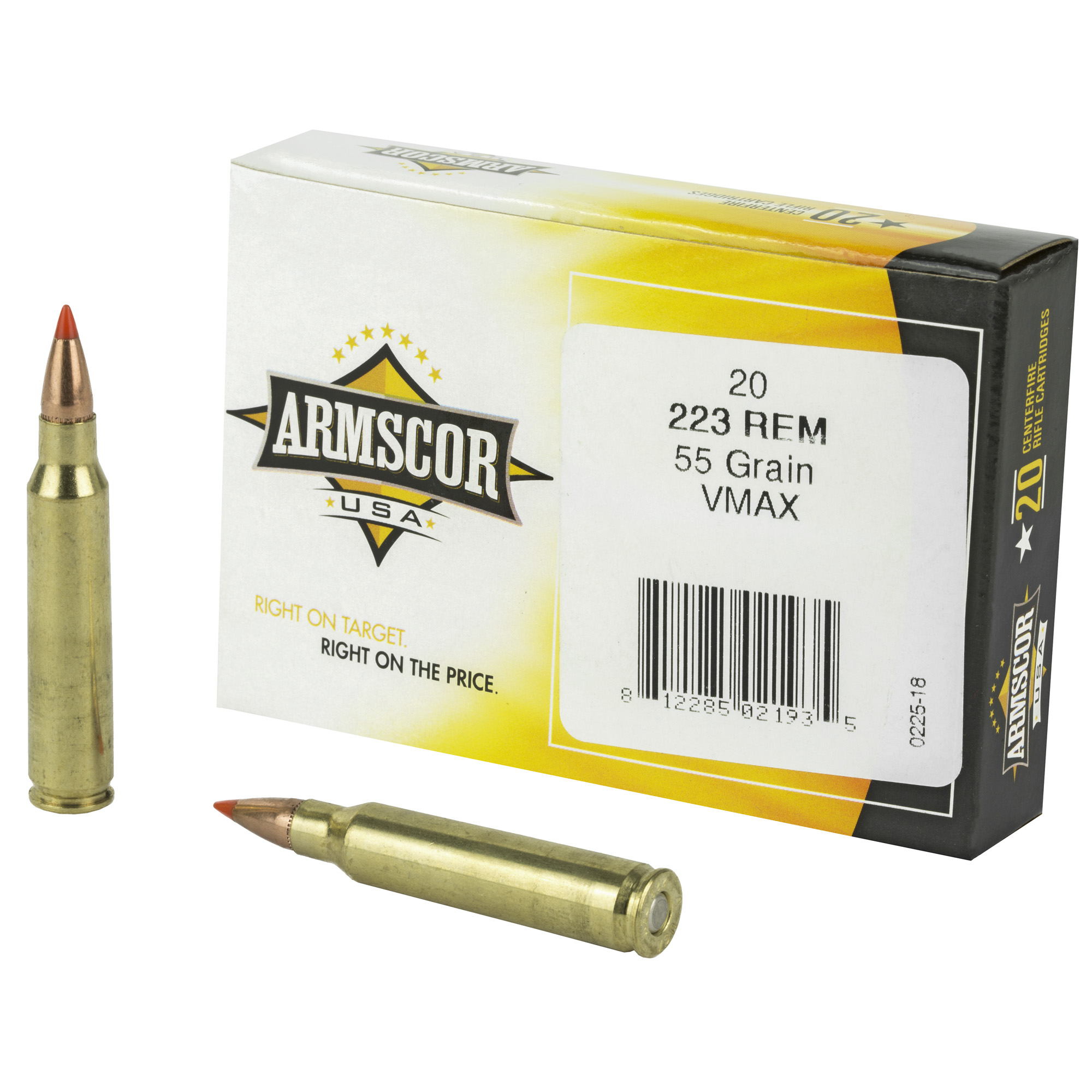 Armscor 223 Rem 55 grain V-Max ammunition box with two cartridges in front