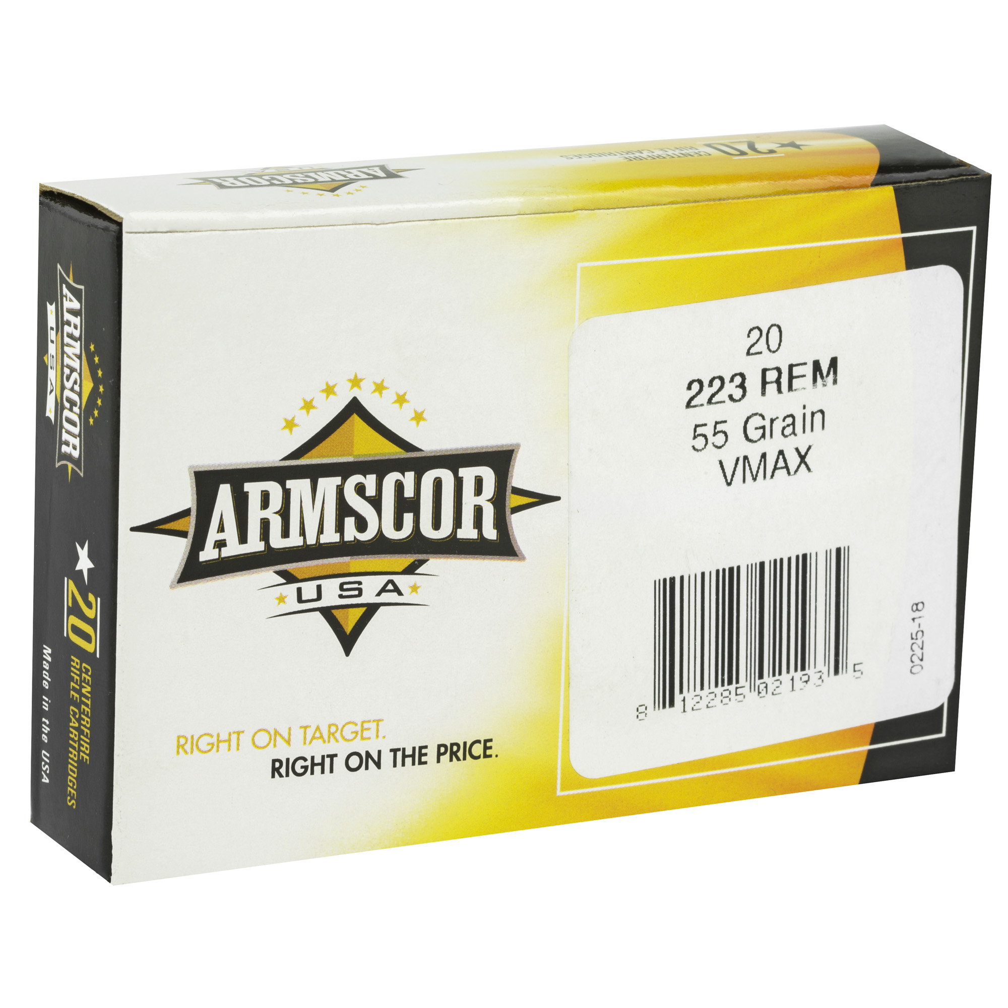 Side view of Armscor 223 Rem 55 grain V-Max 20-round box