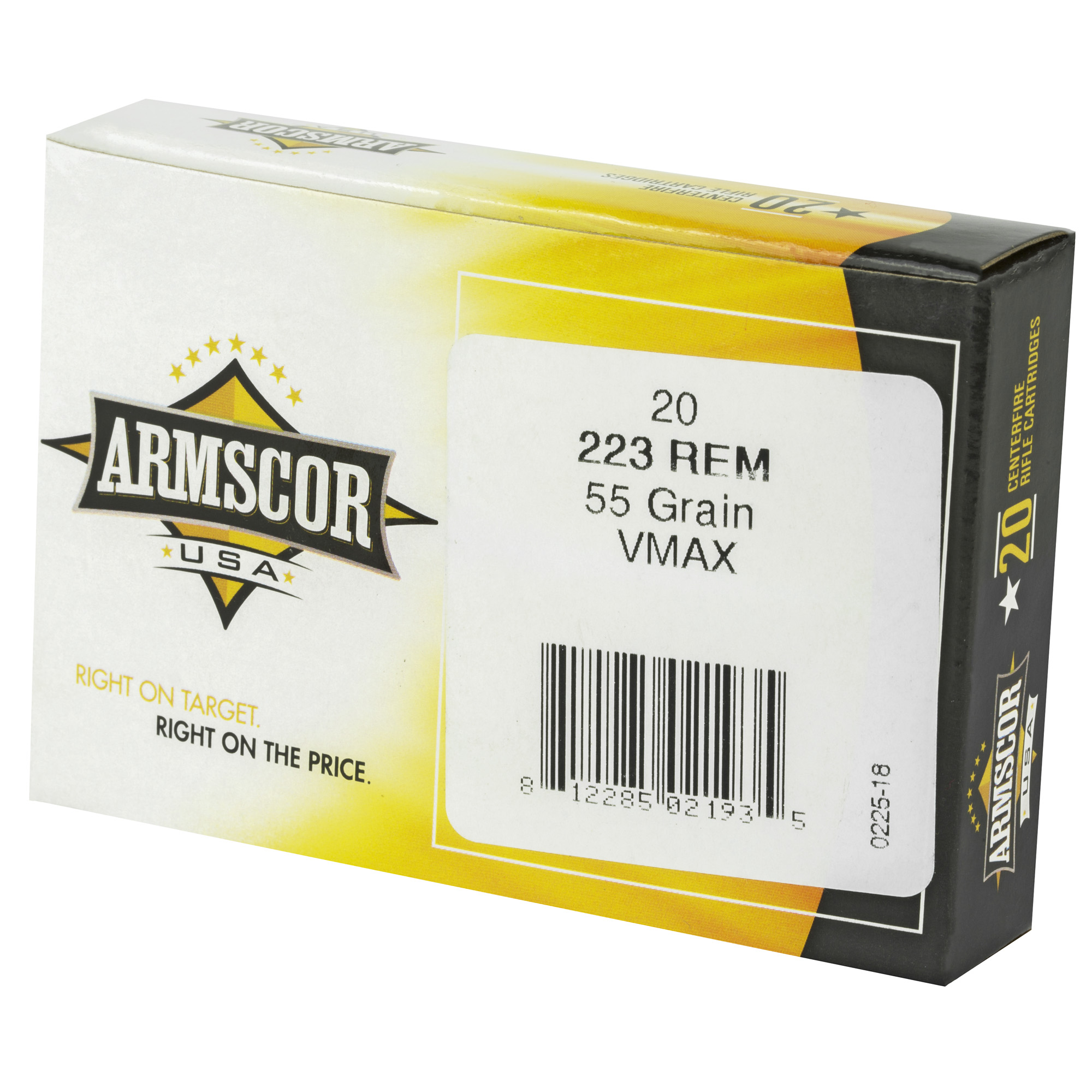 Angled view of Armscor 223 Rem 55 grain V-Max 20-round box