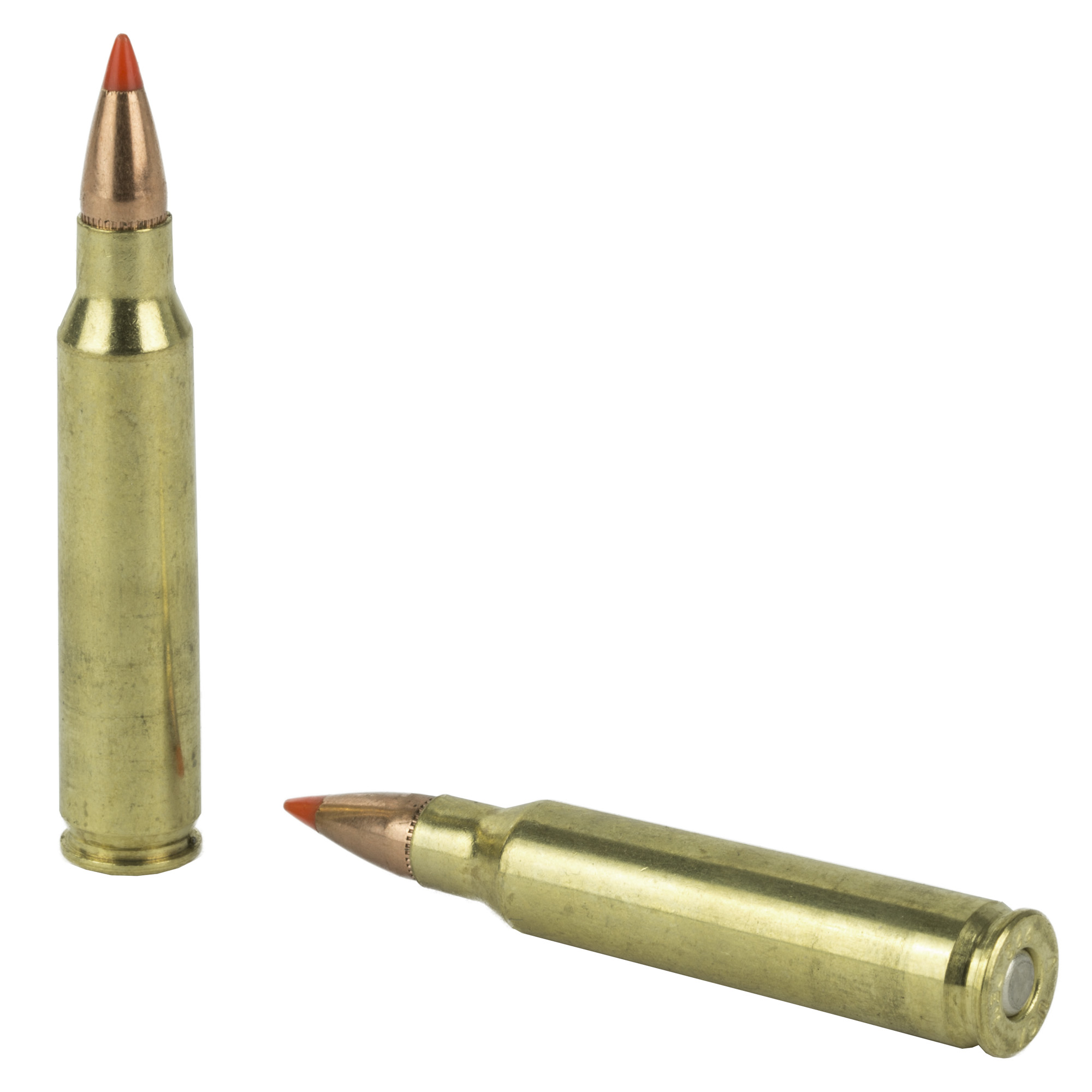 Two brass Armscor .223 Remington cartridges with red polymer-tipped V-Max bullets