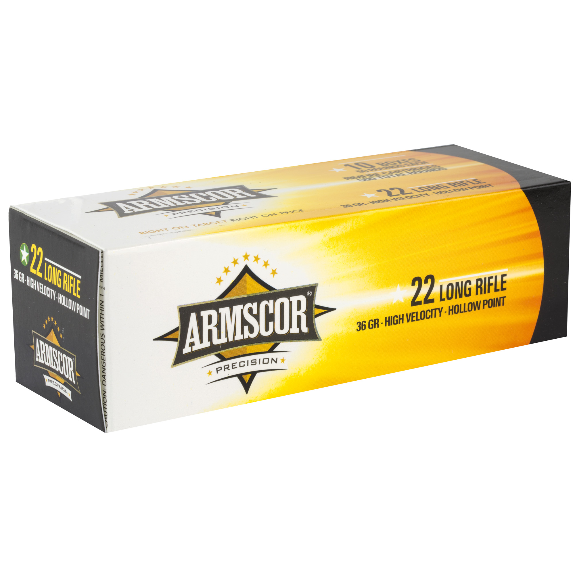 Side view of Armscor 22 Long Rifle 36 grain hollow point ammunition box
