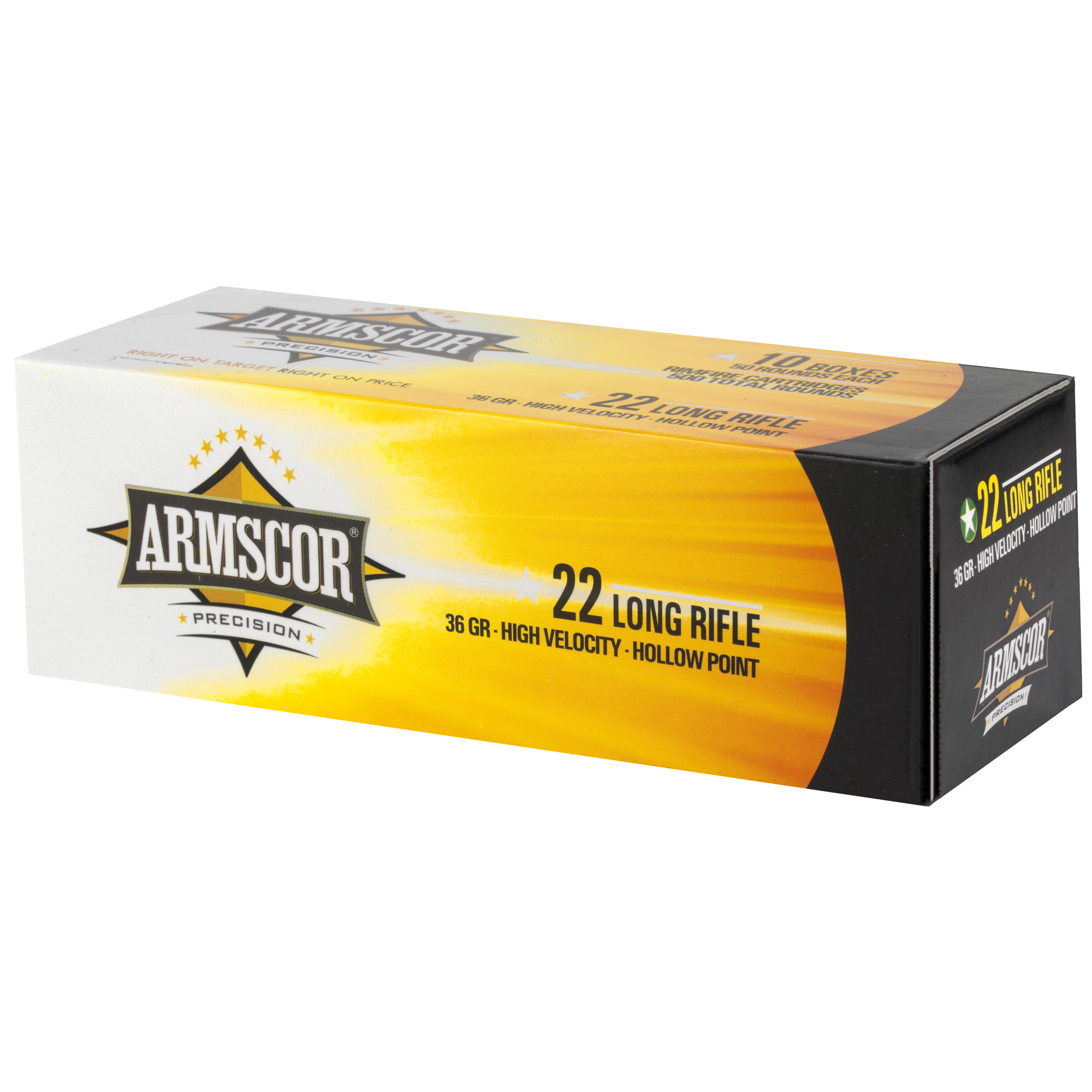 Armscor 22 Long Rifle 36 grain hollow point ammunition box, angled view
