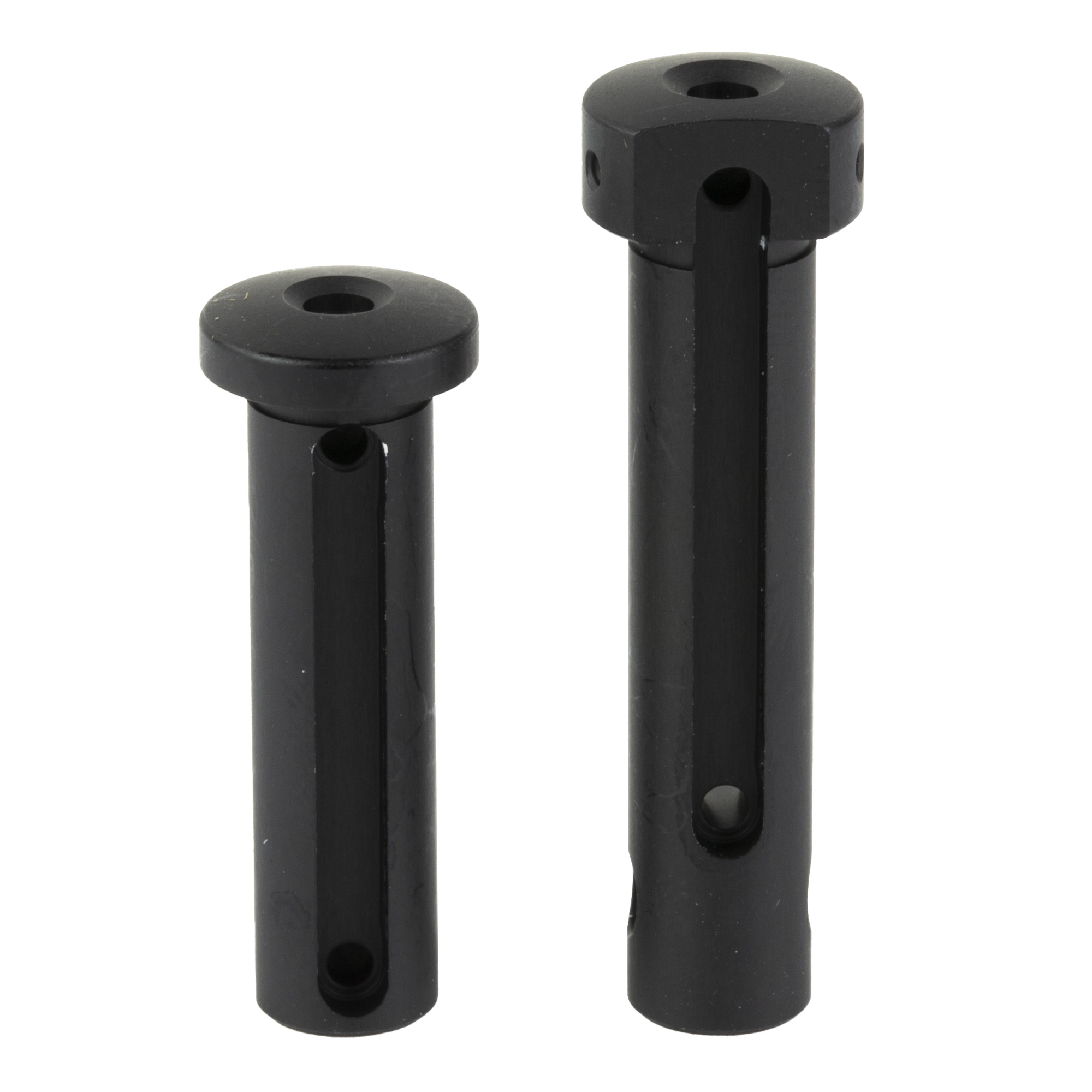 Two black Armaspec takedown and pivot pins of different lengths side by side