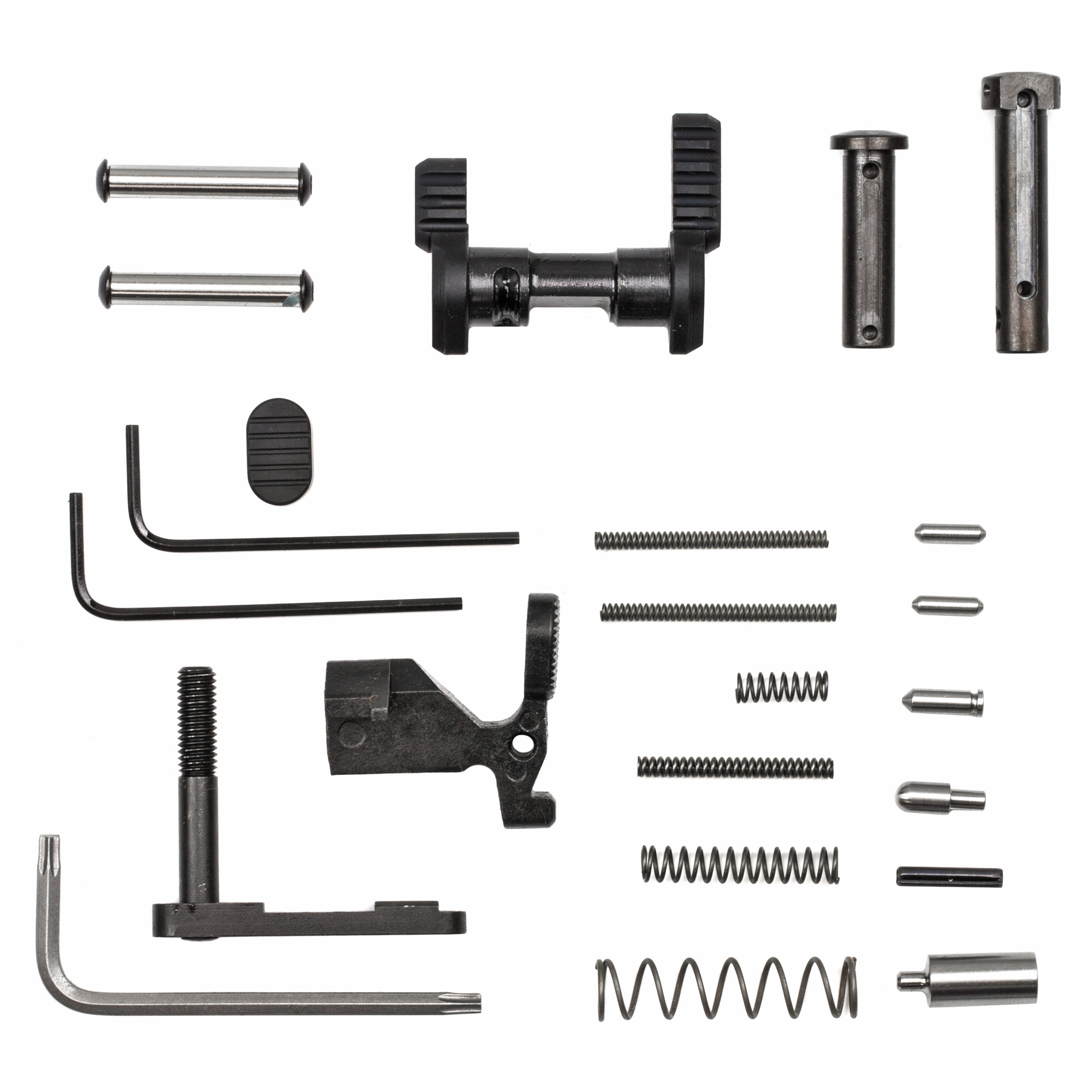 Armaspec black AR-15 lower parts kit laid out with pins, safety selector, springs, detents and hardware
