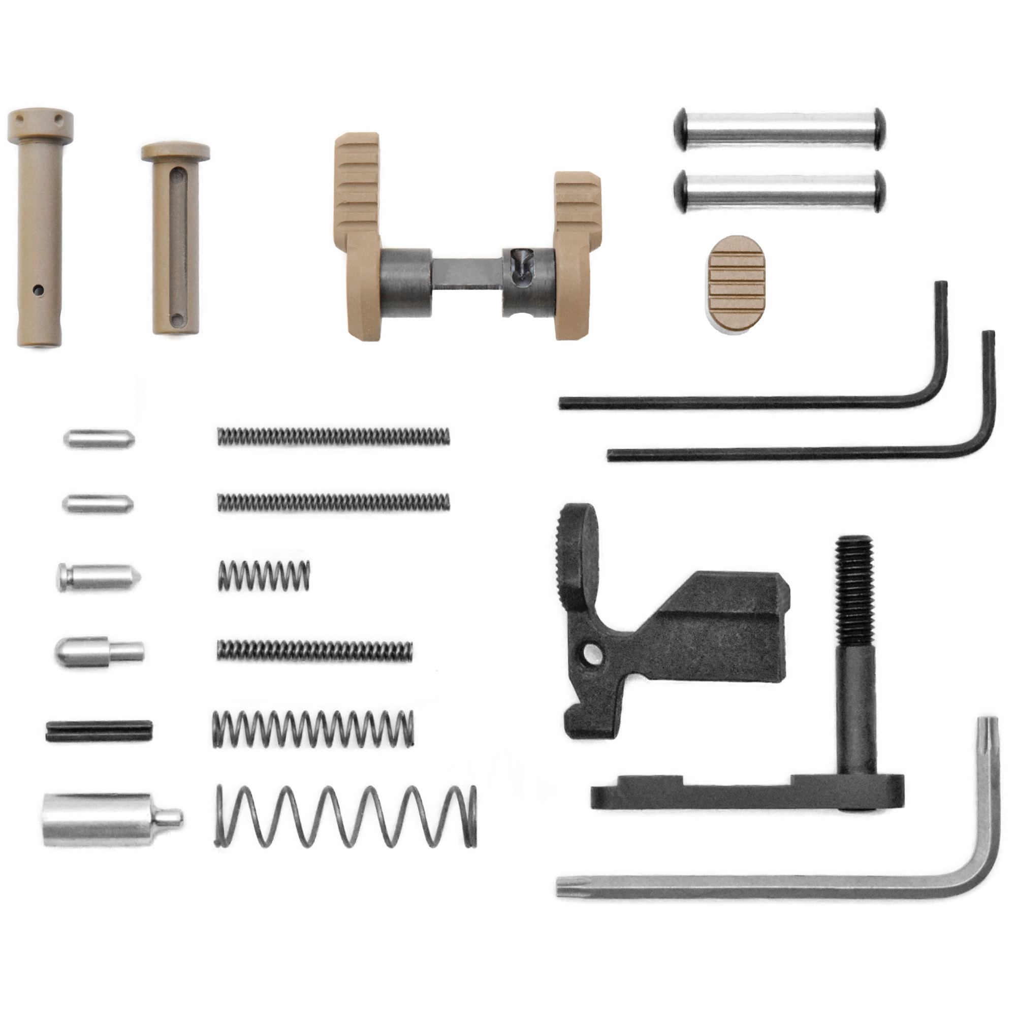 Armaspec flat dark earth builders kit laid out with pins, springs, detents, bolt catch and safety selector
