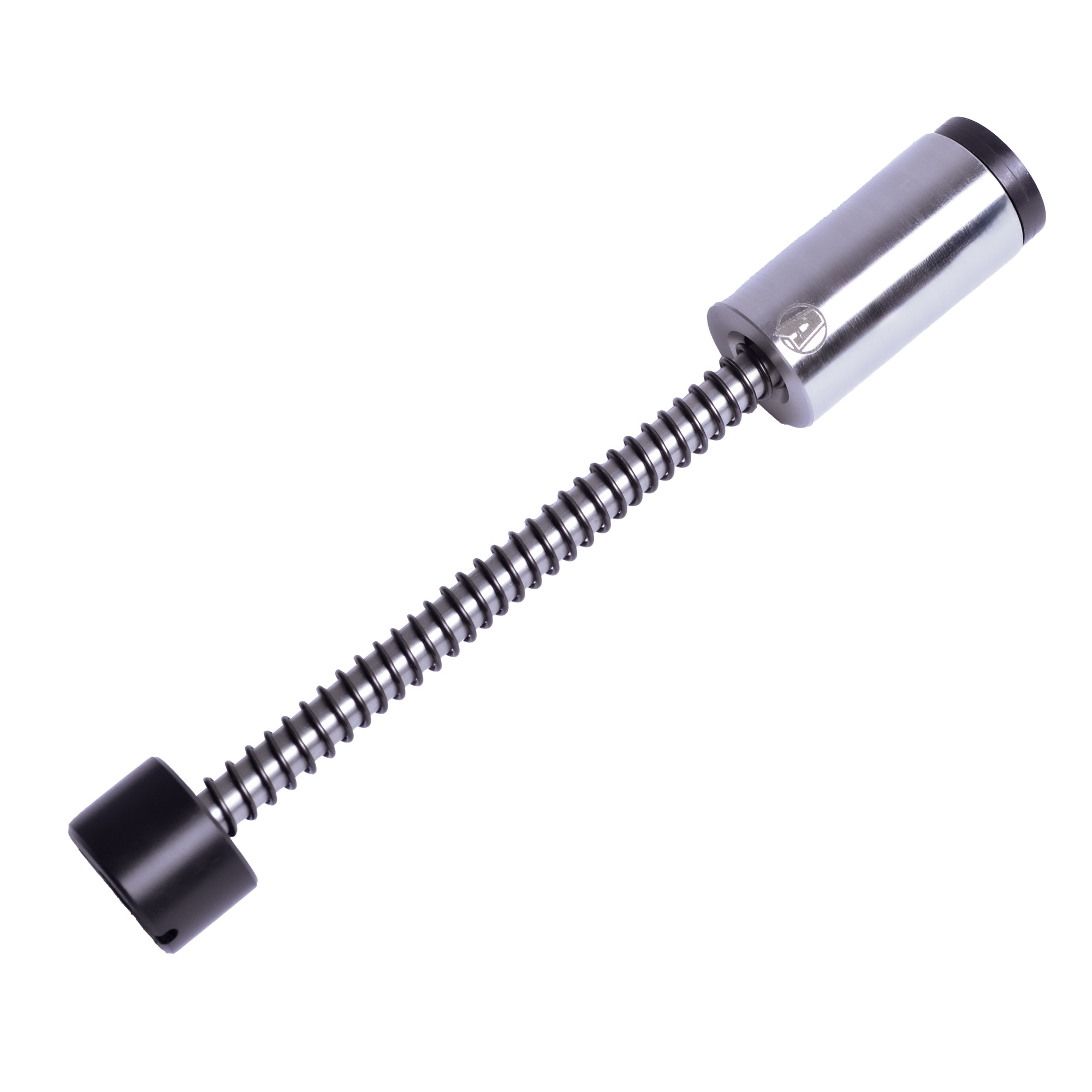 Armaspec sound mitigation buffer shown at an angle, stainless body with black end cap
