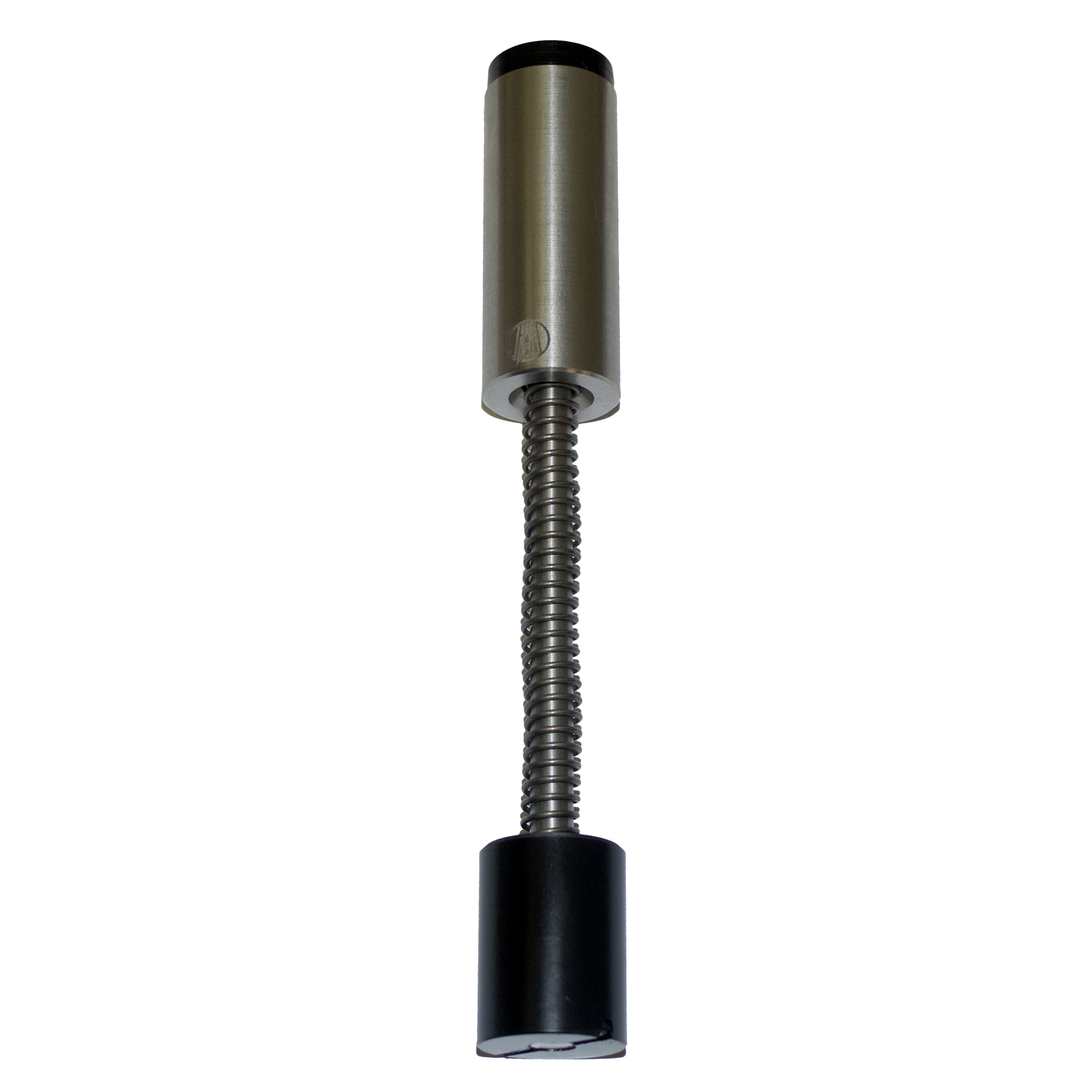 Armaspec sound mitigation buffer shown upright, stainless body with black end cap