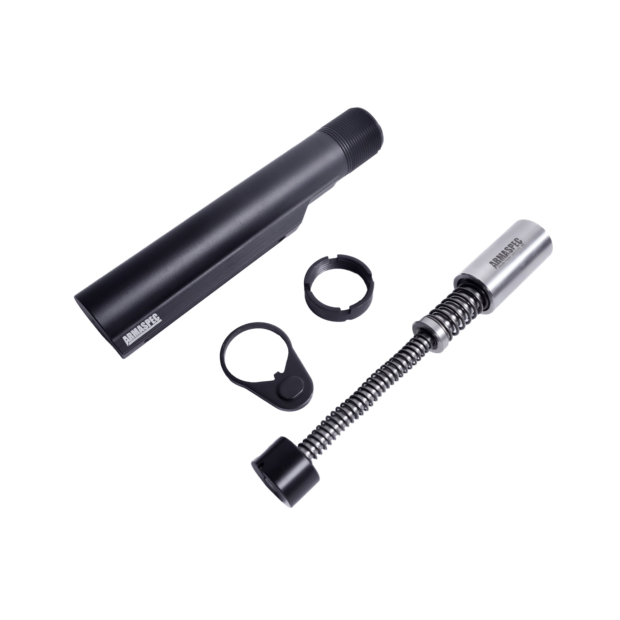 Armaspec buffer tube, castle nut, end plate and SRS recoil spring assembly laid out on white background