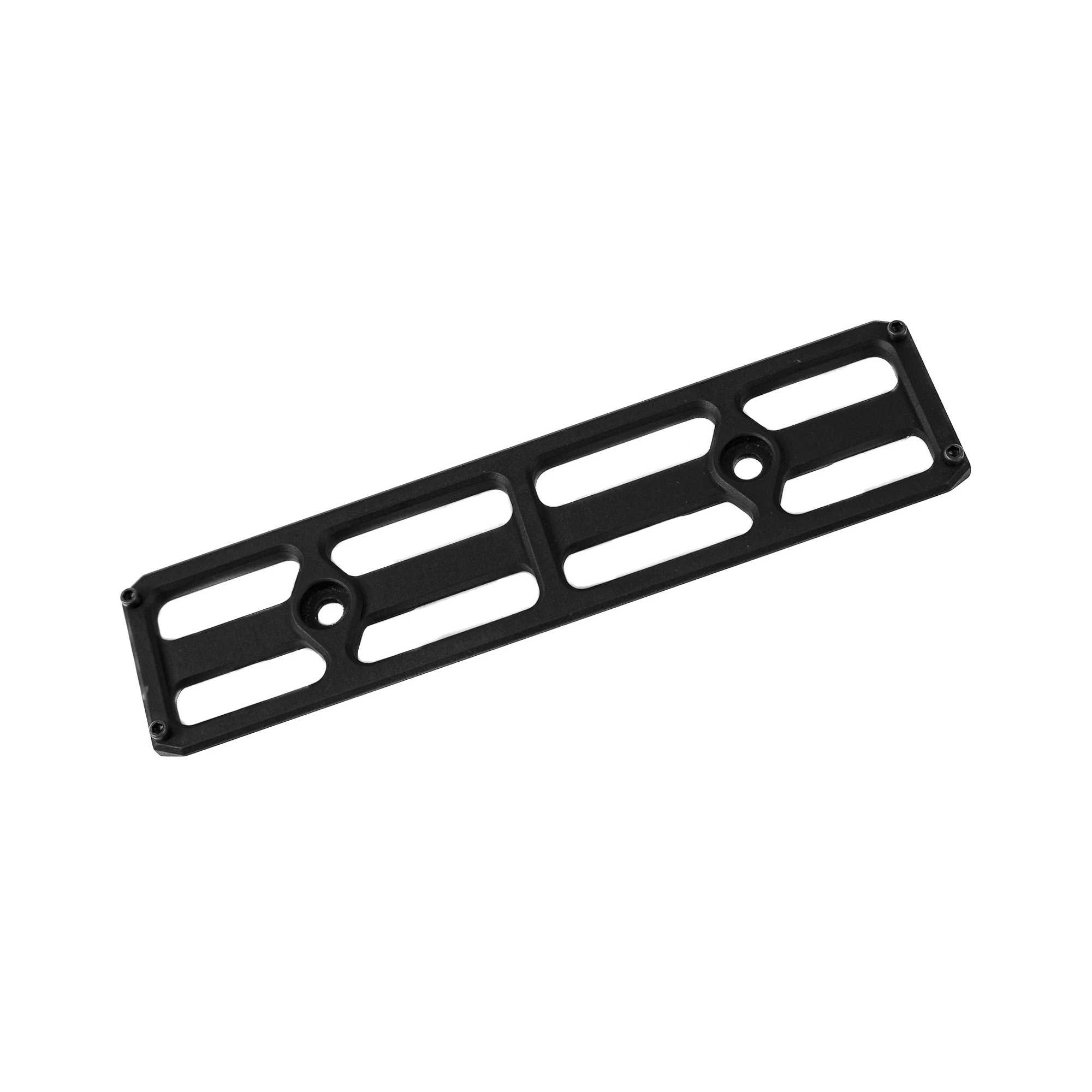 Black Armaspec Arca rail with slotted body, opposite angled view