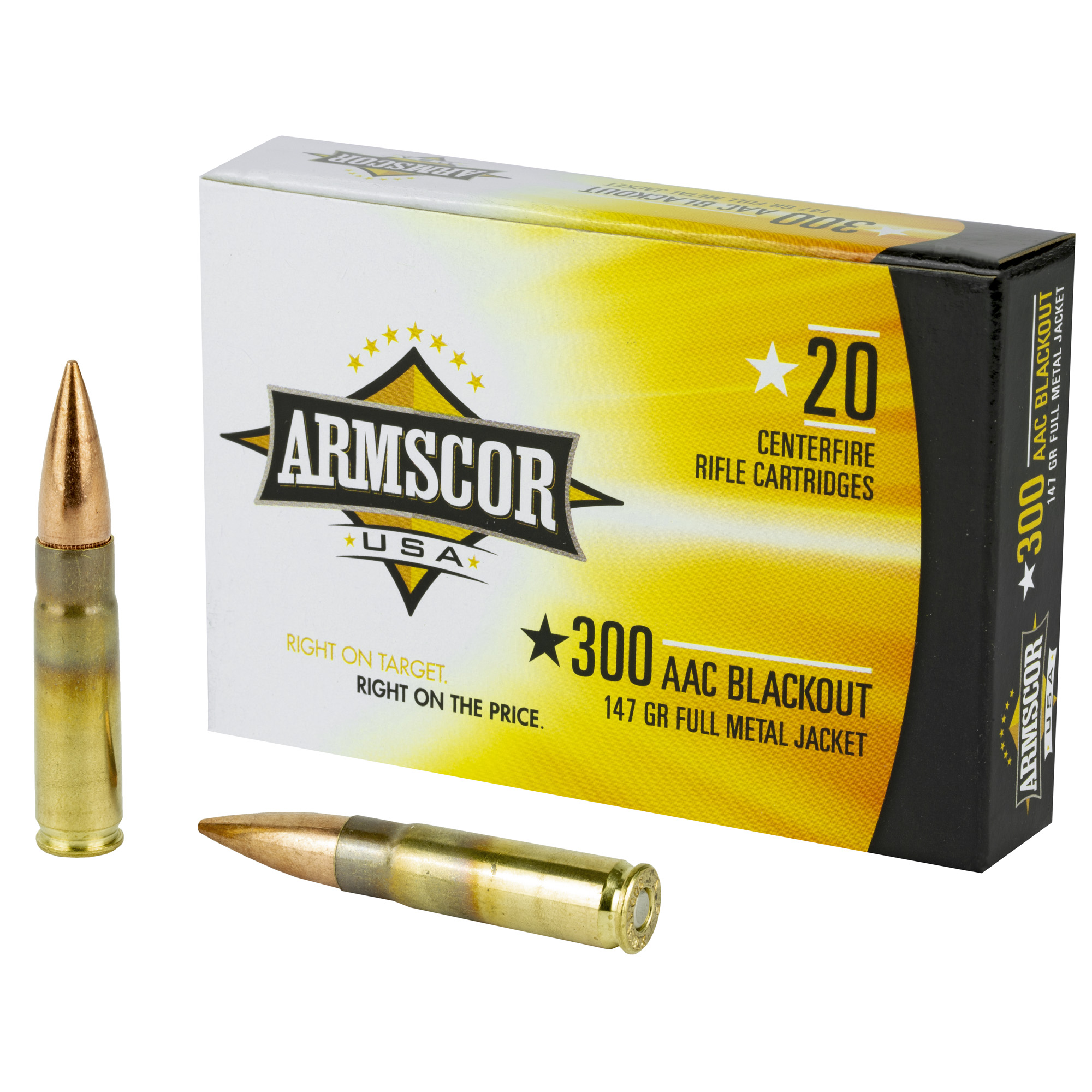 Armscor 300 AAC Blackout 147gr FMJ ammunition box with two loose cartridges