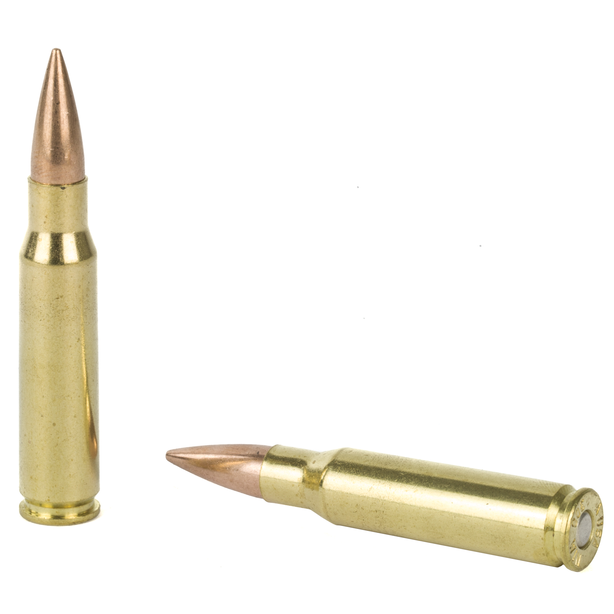 Two Armscor .308 Winchester full metal jacket cartridges, one upright and one lying down