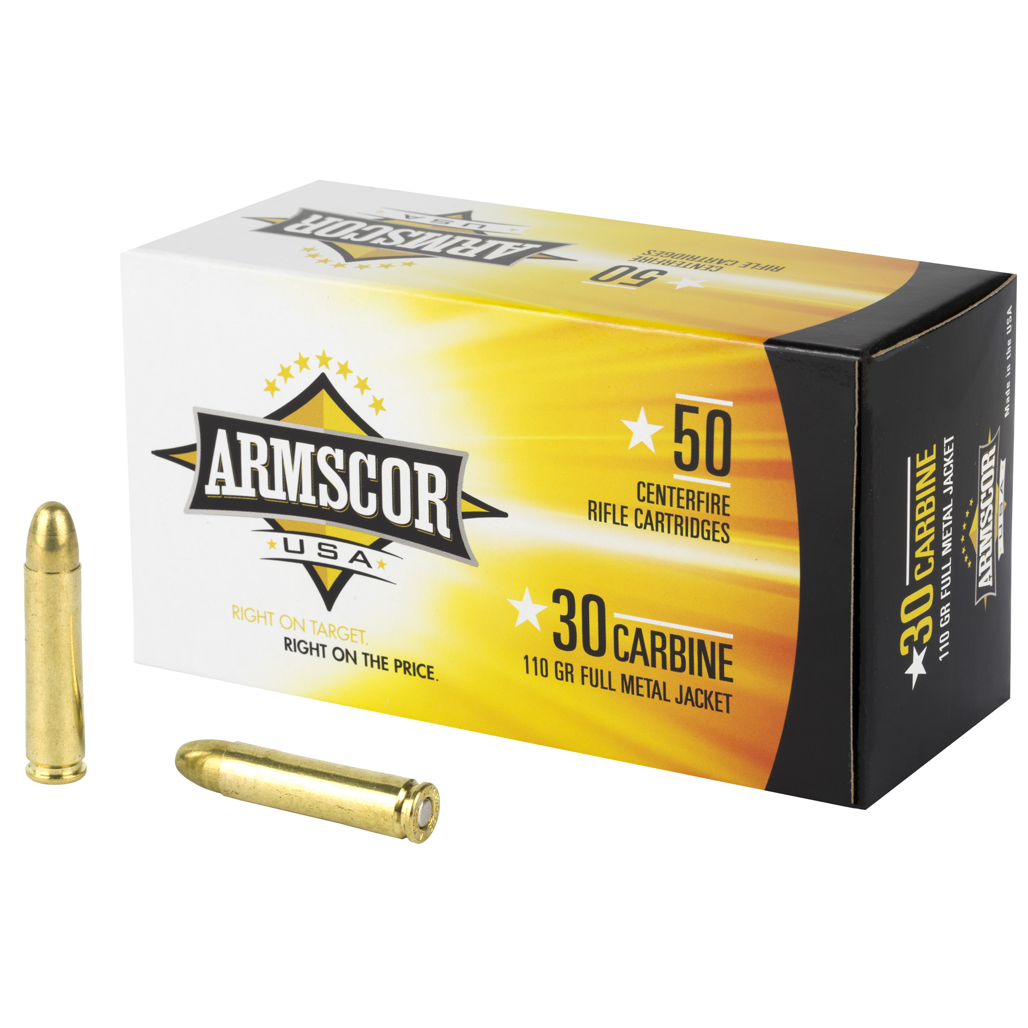 Armscor .30 Carbine 110 grain FMJ 50-round box with two loose brass cartridges