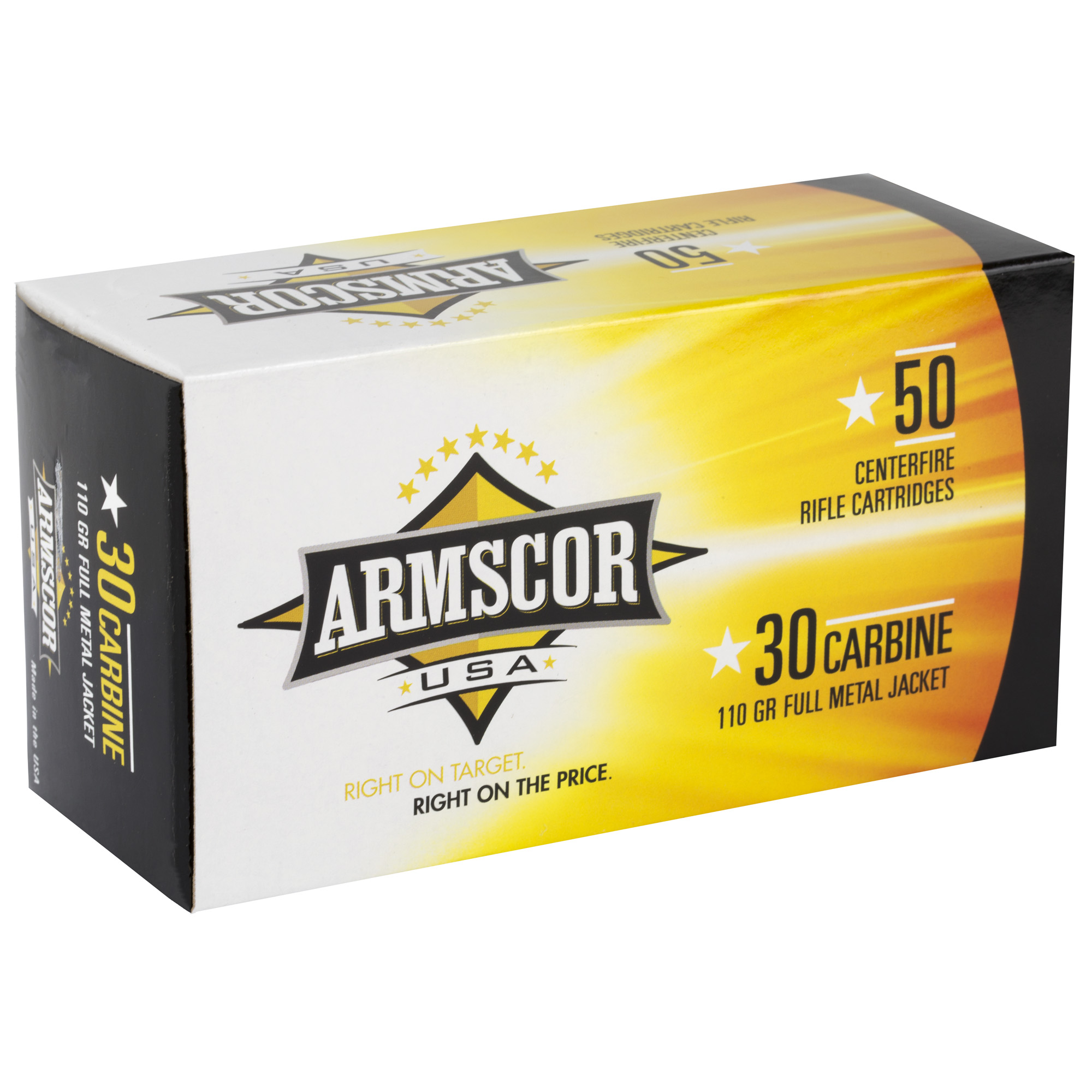 Armscor 30 Carbine 110 grain full metal jacket ammunition box, side angle