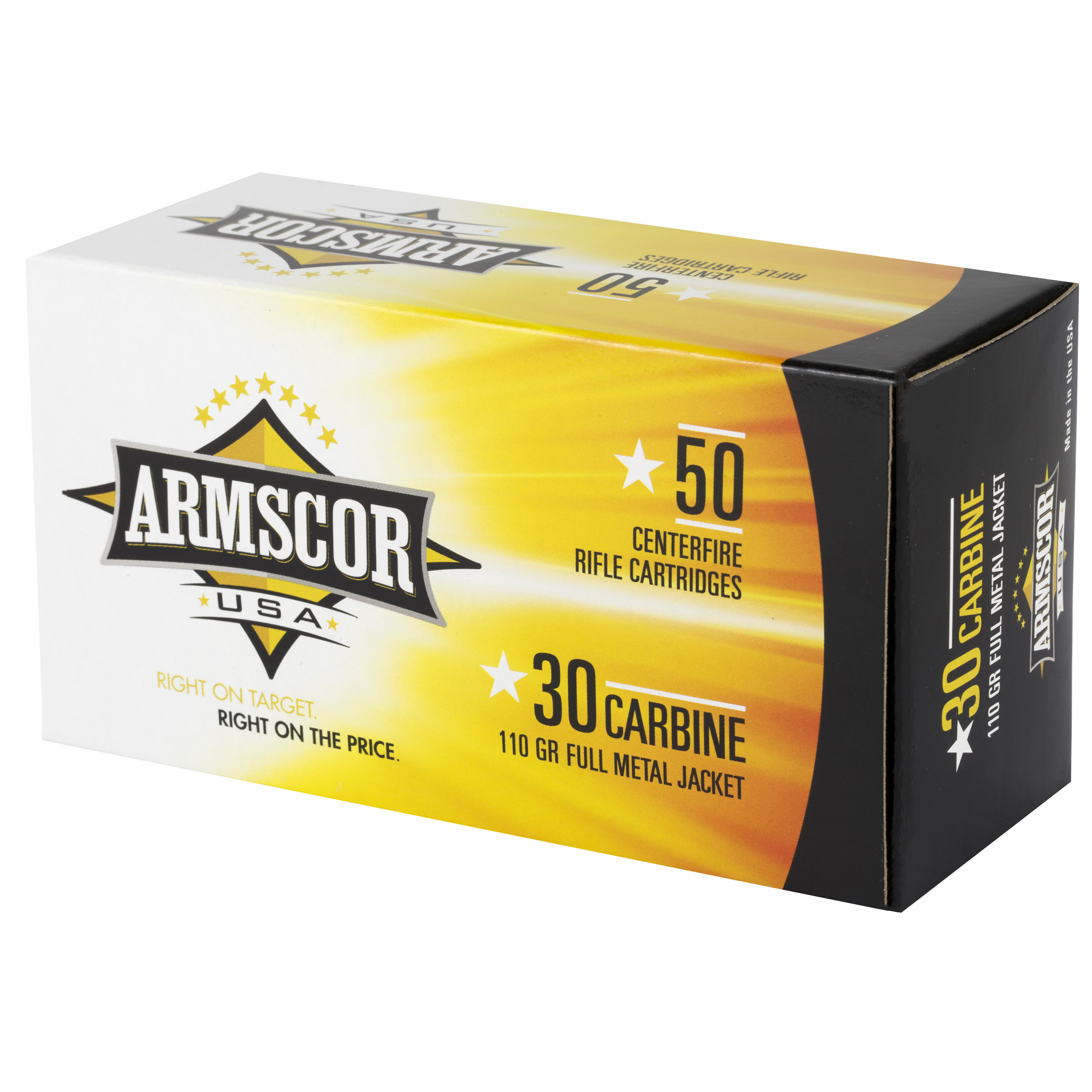 Armscor 30 Carbine ammunition box, front three-quarter view