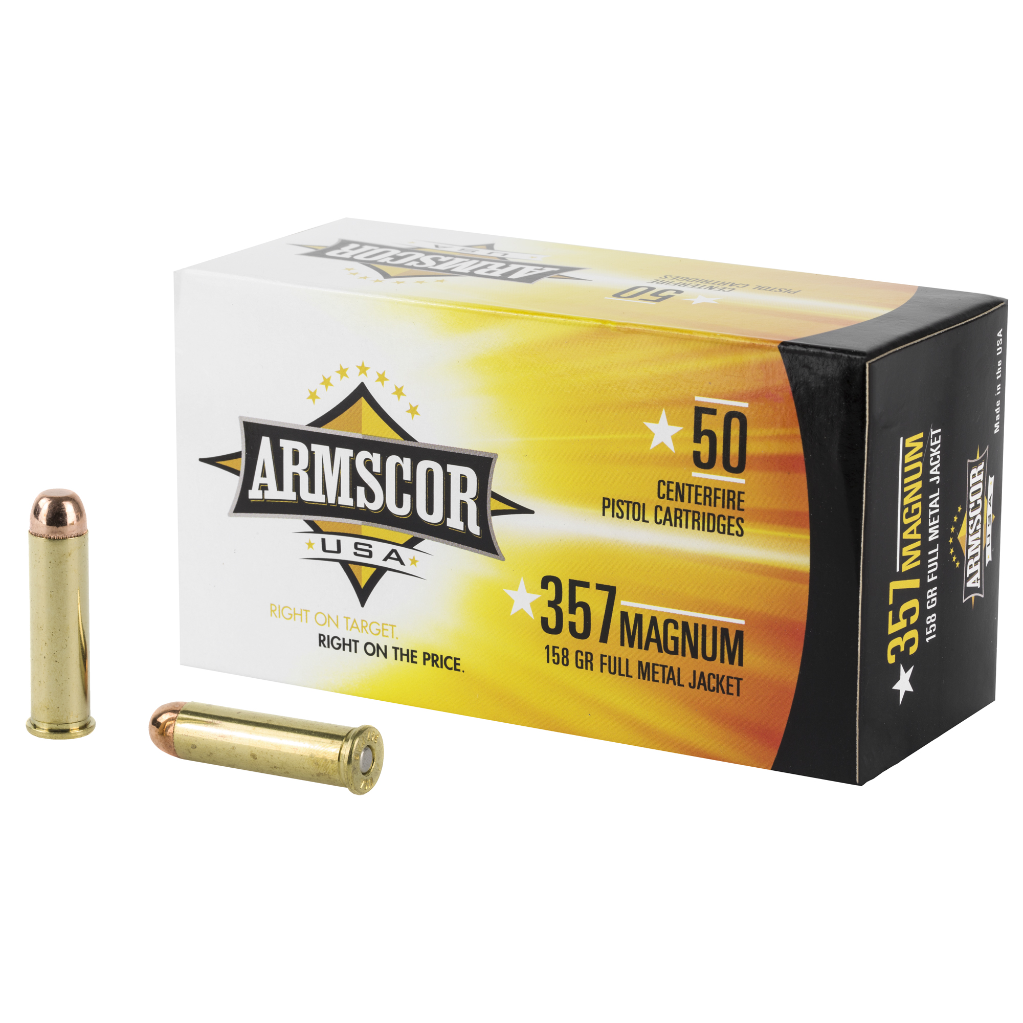 Armscor .357 Magnum 50-round box beside two loose cartridges