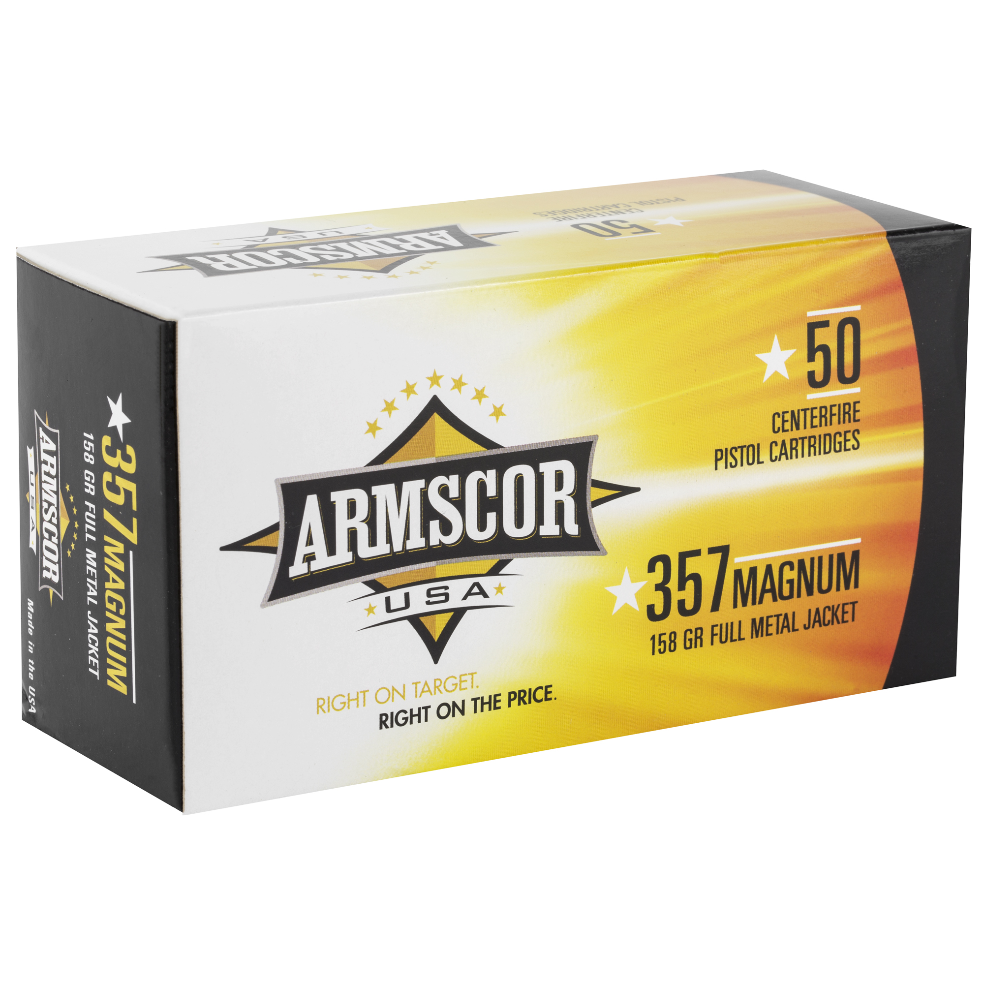 Armscor .357 Magnum 158 grain FMJ ammunition box, right side angle