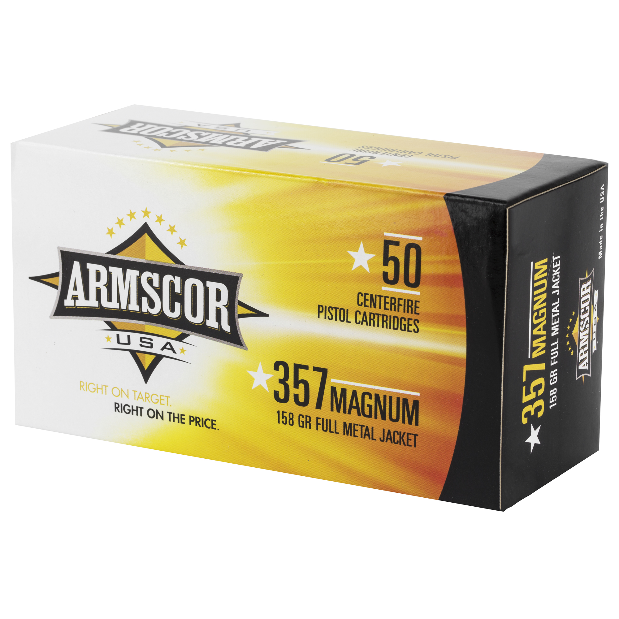 Armscor .357 Magnum ammunition box, left side angle