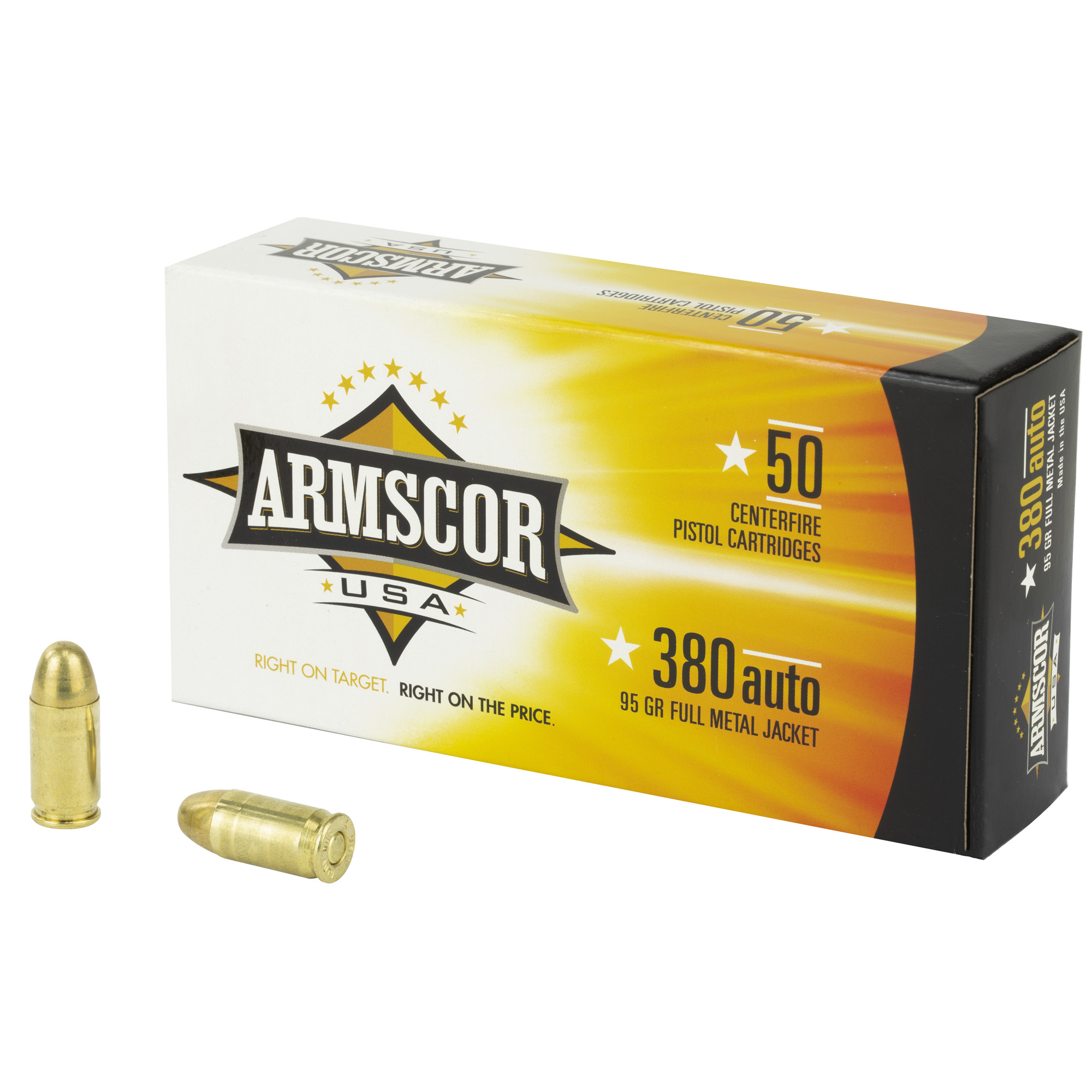 Armscor 380 auto 95 GR full metal jacket ammunition box with two loose cartridges