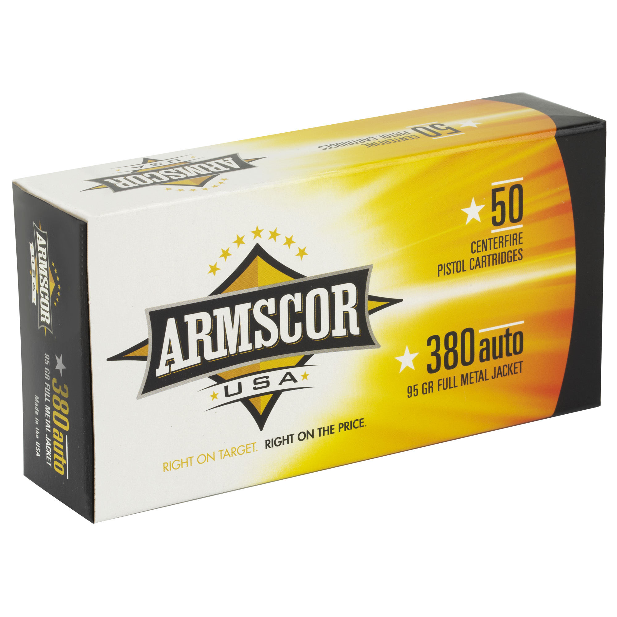 Armscor 380 auto 50 count box, angled side view
