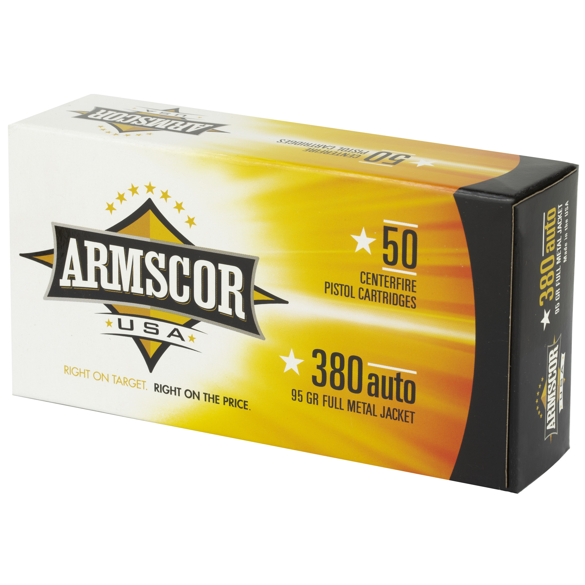 Armscor 380 auto 50 count box, front angle view