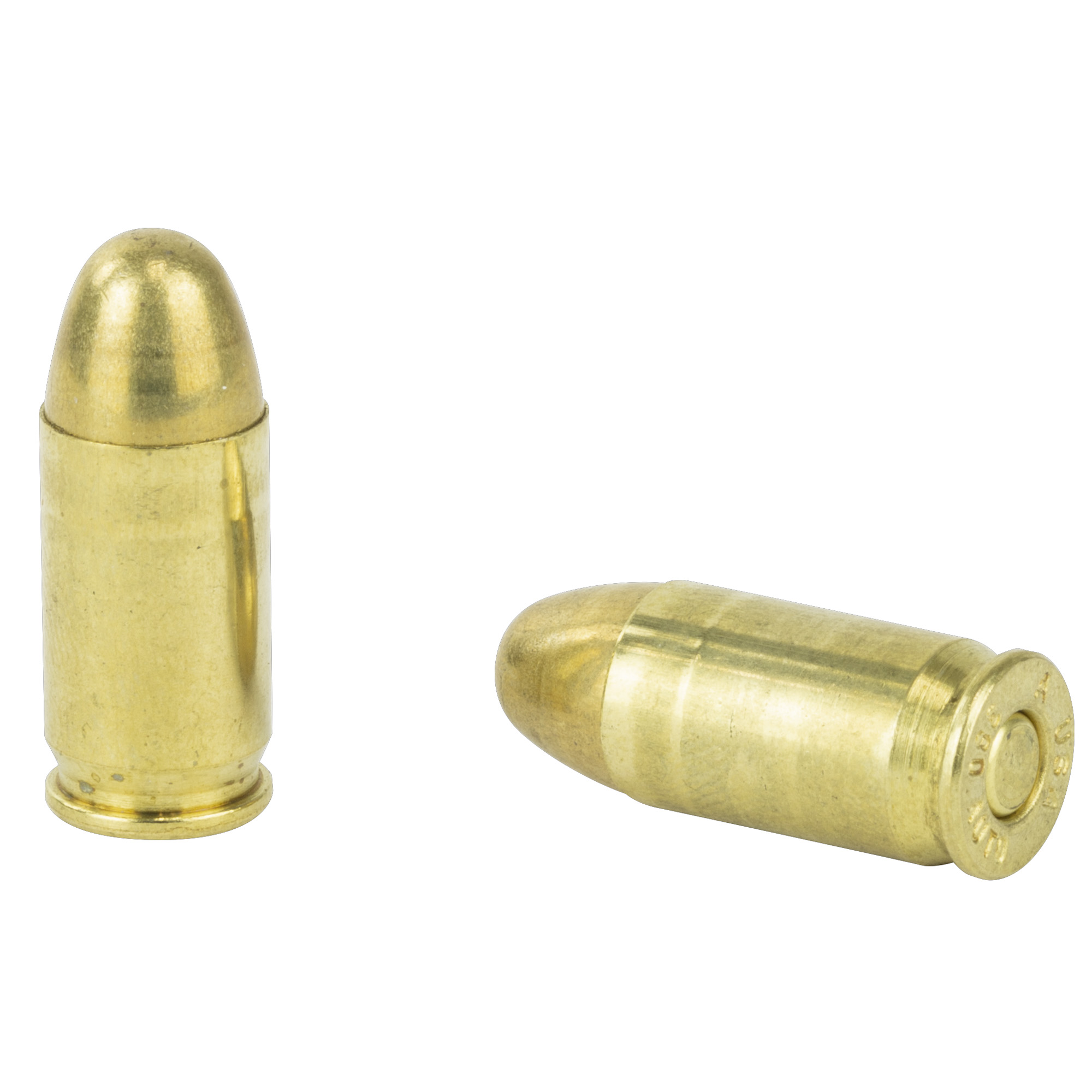Two brass 380 auto FMJ cartridges, one standing and one lying down
