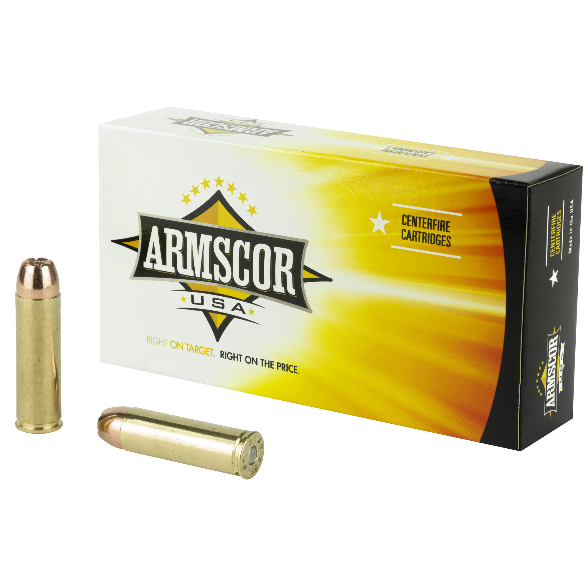 Armscor 500 S&W ammunition box with two loose cartridges, one showing the hollow point bullet