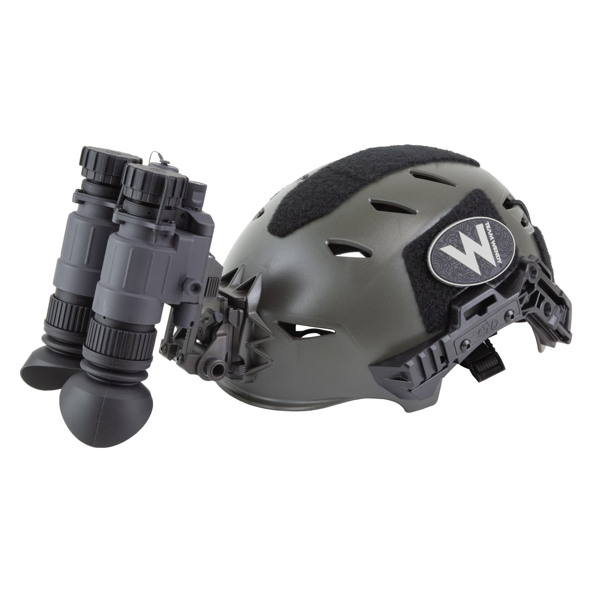 Gray Armasight BNVD-40 night vision binoculars mounted on a Team Wendy bump helmet, front view