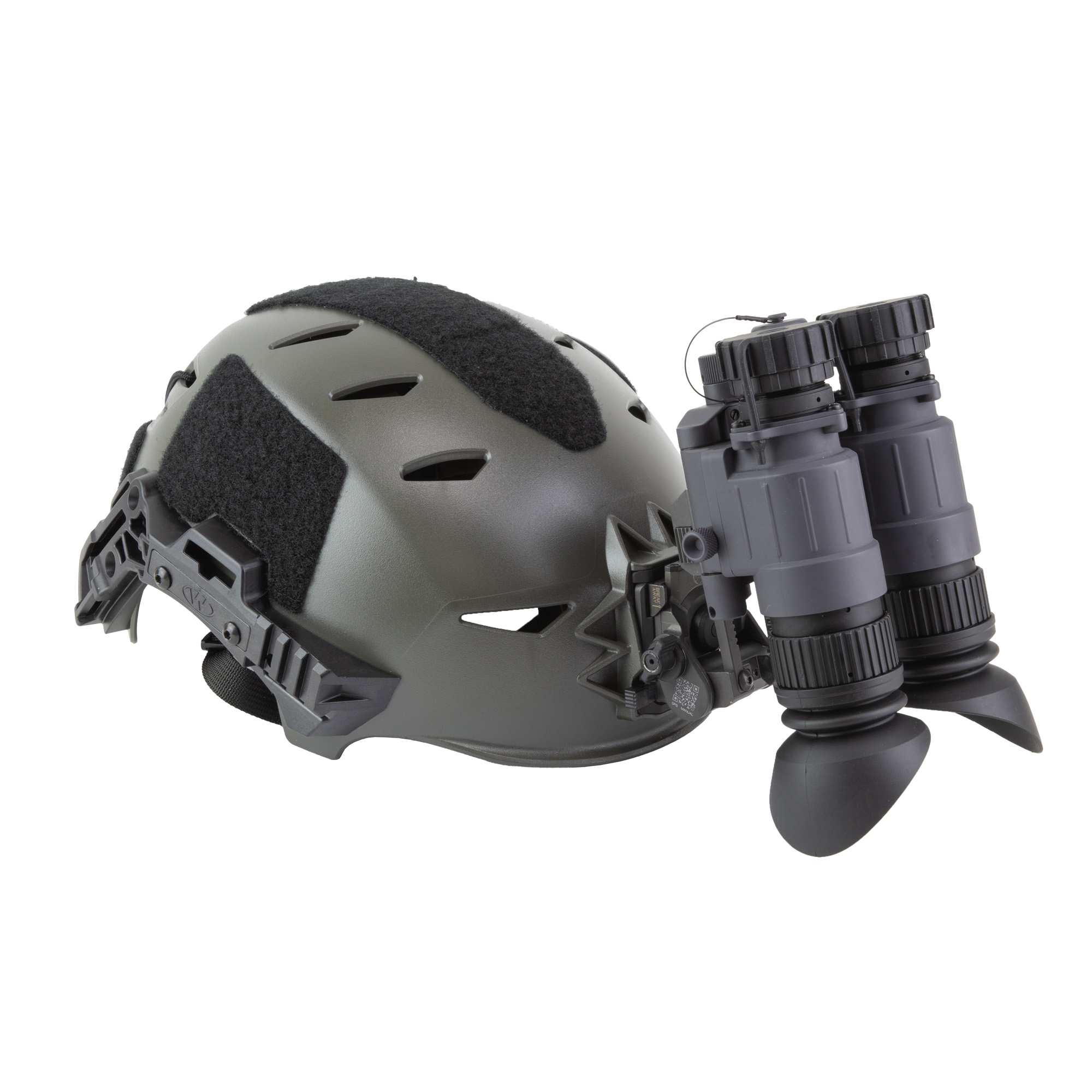 Gray Armasight BNVD-40 night vision binoculars mounted on a Team Wendy bump helmet, side view