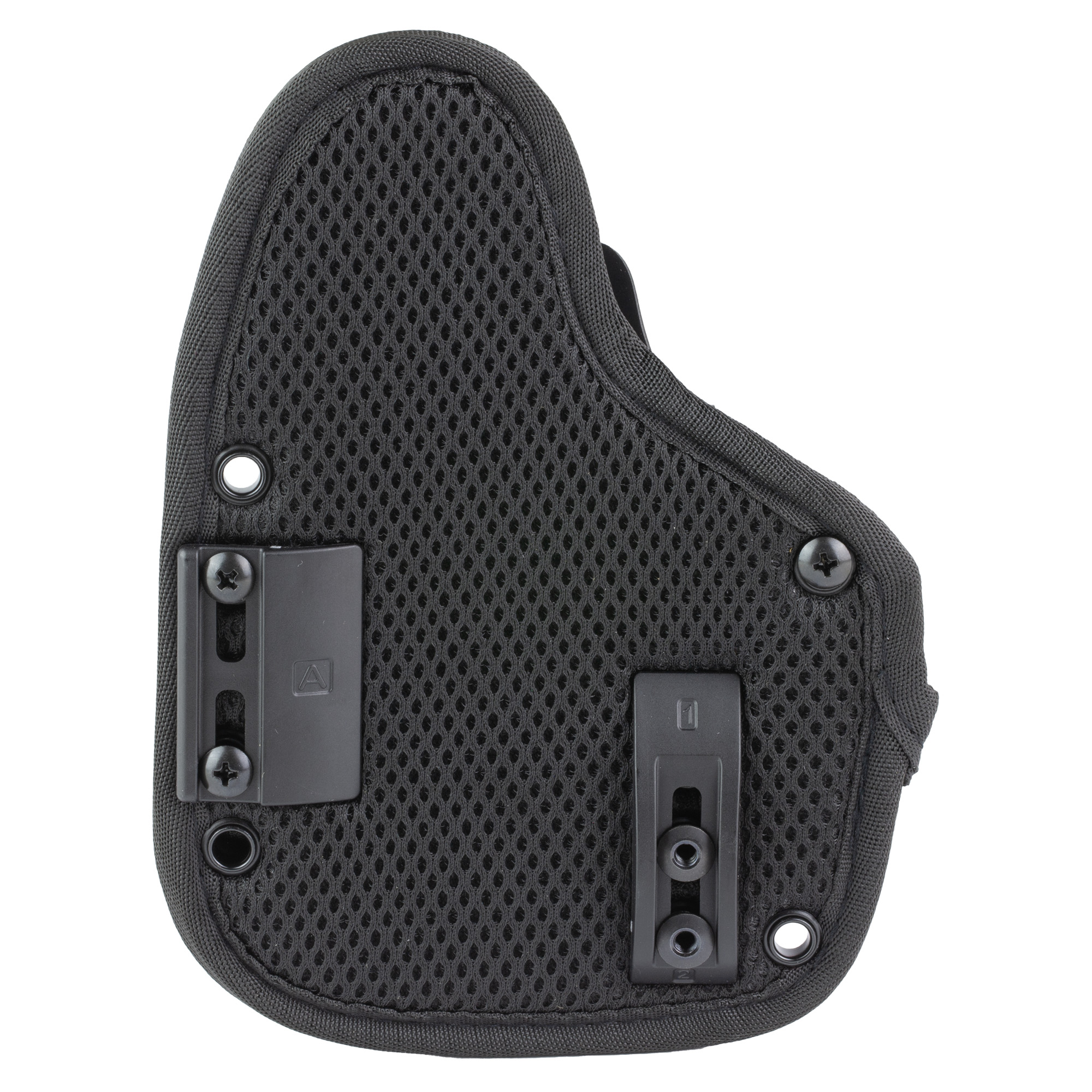 Back of black mesh-backed Hoftac OmniCarry holster showing clip mounts