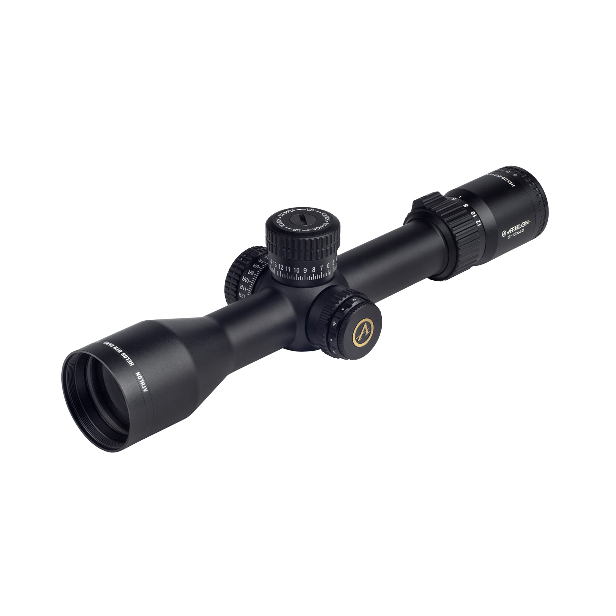 Athlon Helos BTR Gen2 HD 2-12x42 riflescope in black, angled view of turrets and objective lens