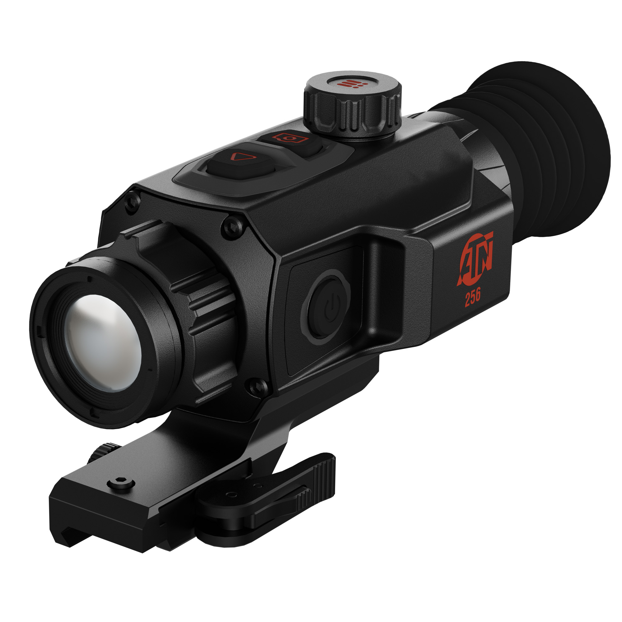 ATN 256 thermal scope angled view with lens cap off and quick-detach mount