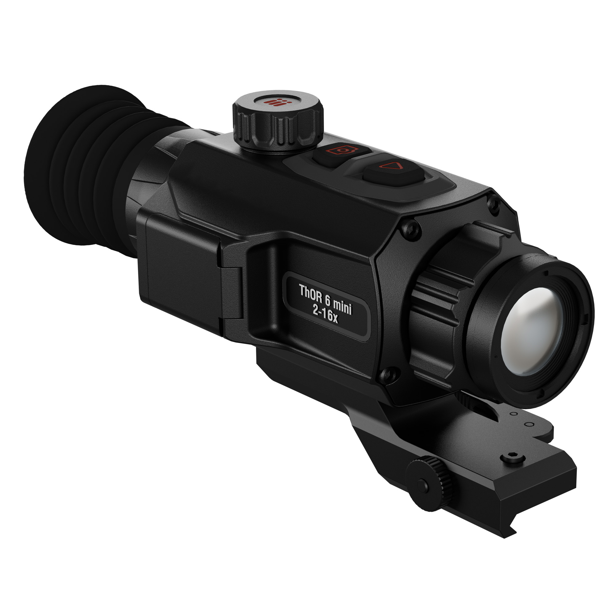 ATN ThOR 6 Mini 2-16x thermal riflescope angled view showing objective lens and top controls