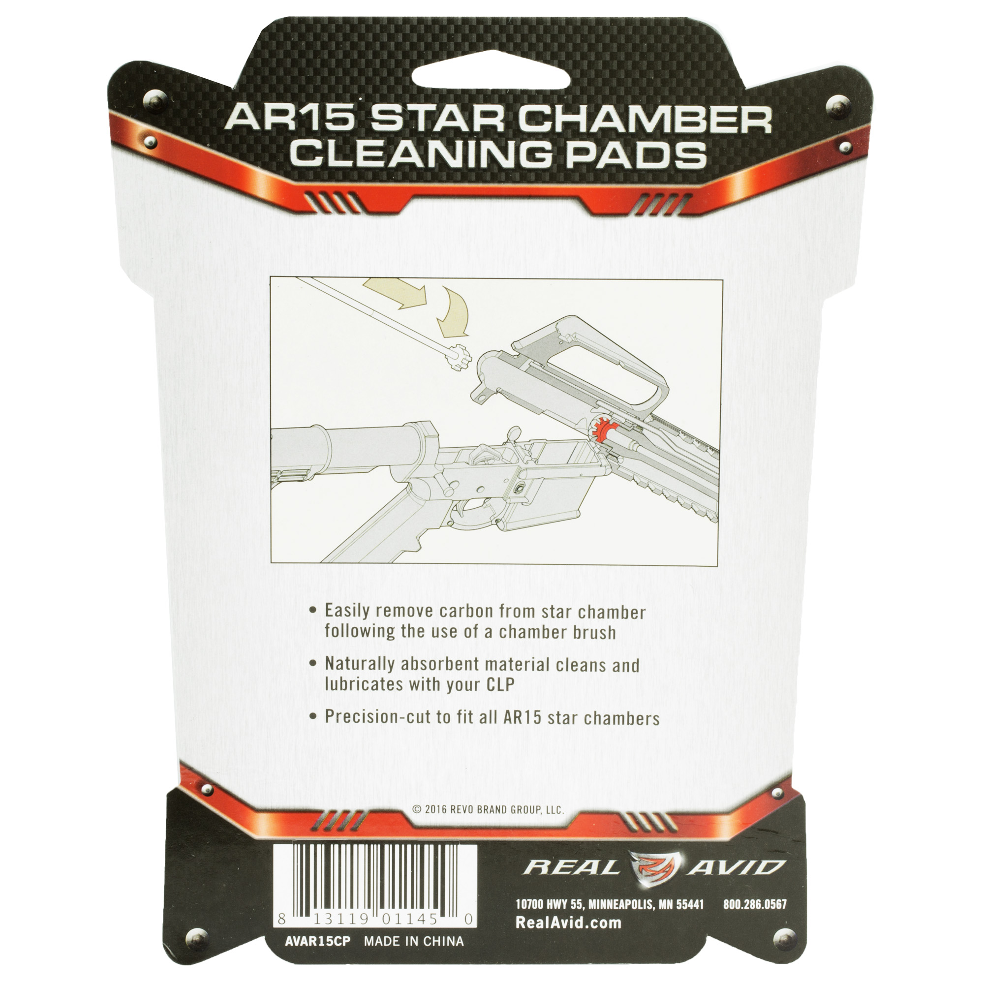 Back of Real Avid AR15 star chamber cleaning pads package with usage diagram