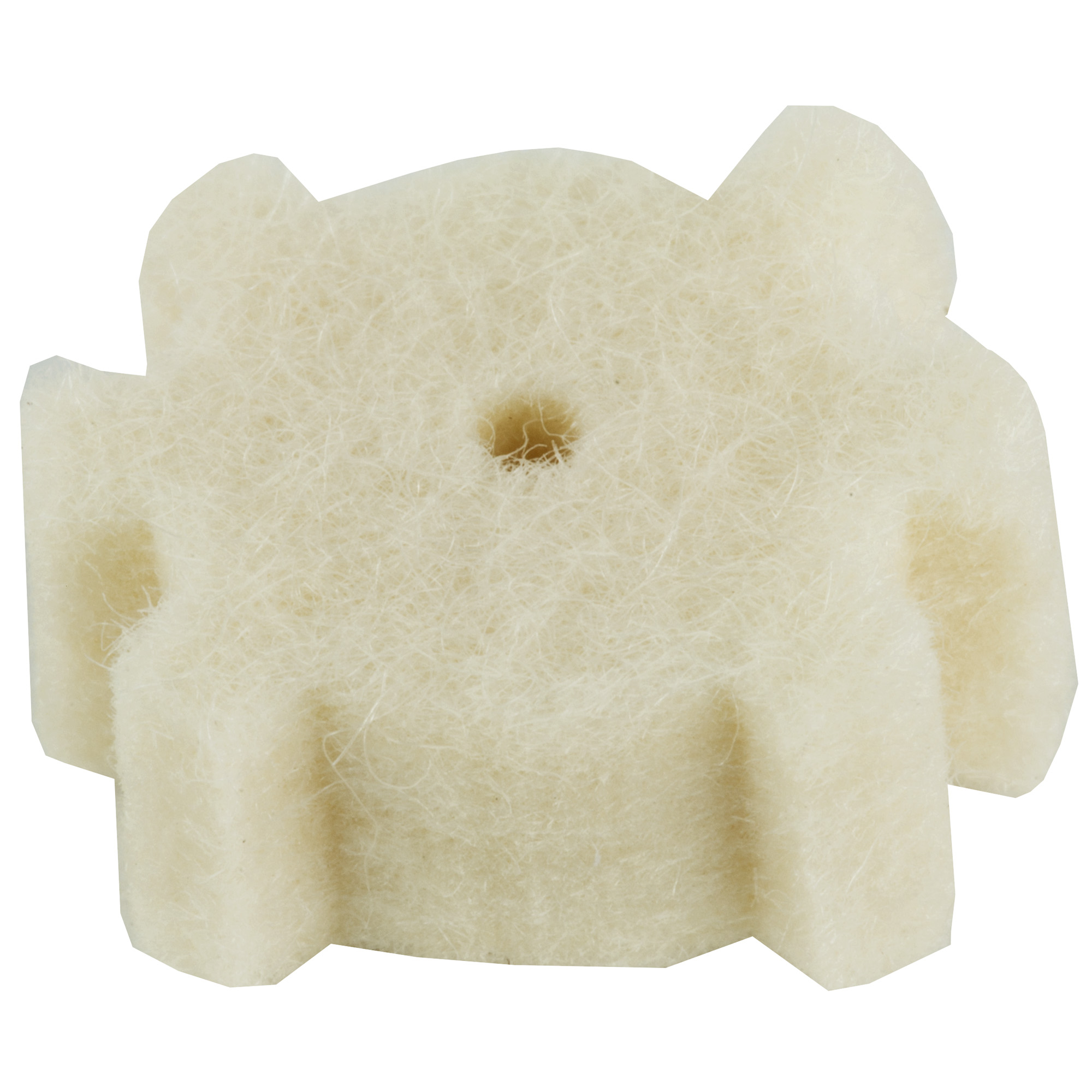 Close-up of a single white wool AR15 star chamber cleaning pad with center hole