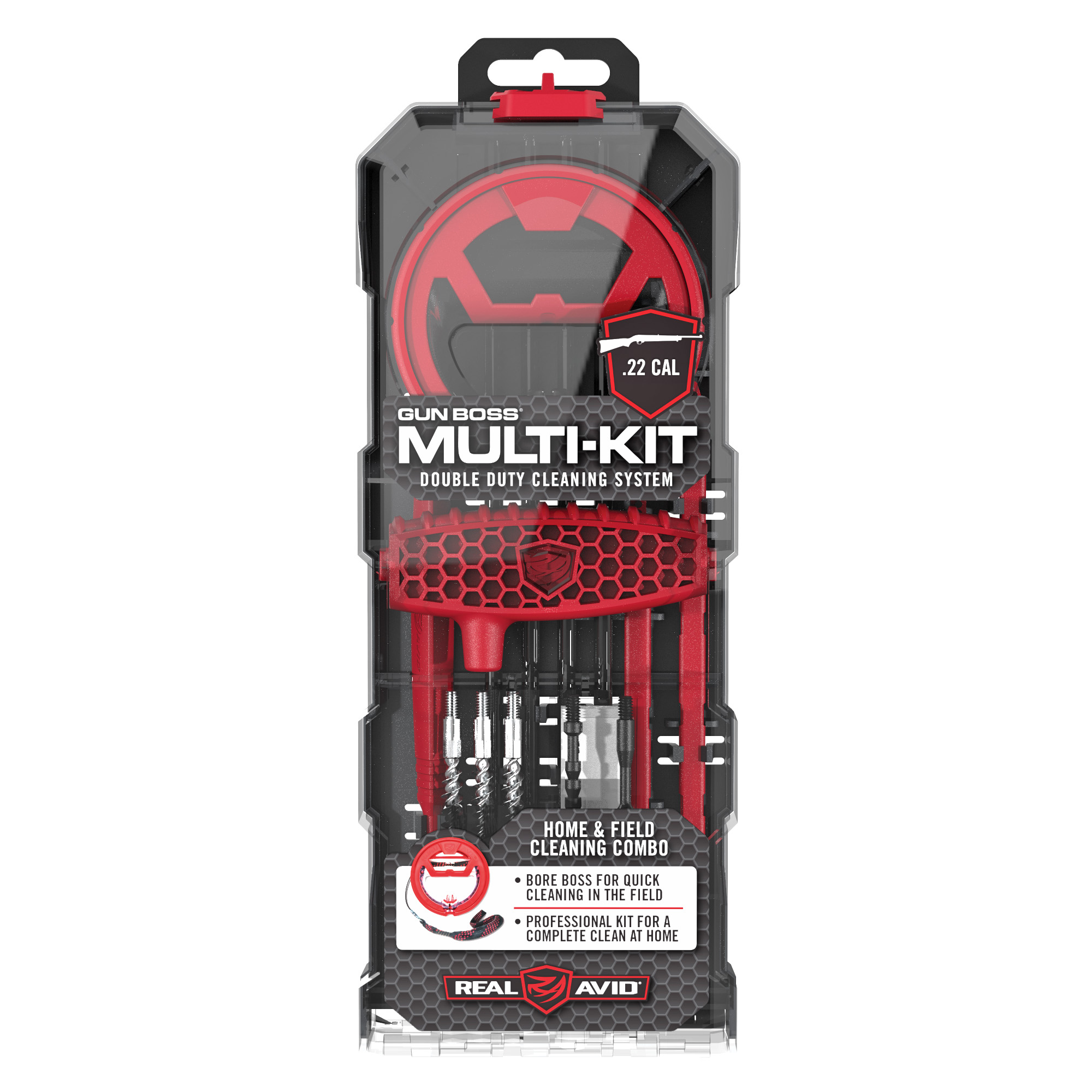 Real Avid Gun Boss Multi-Kit cleaning kit in clear retail packaging with red tools